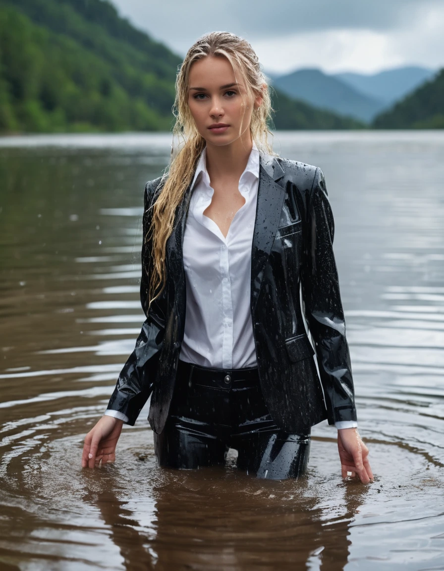 photo of young woman, in soaking wet, drenched clothes,
Black Long Business Trouser, Black Business Suit Jacket with white button down business shirt longsleeve, Clear Mountain lake with heavy rain, 
enjoying, wet clothes stuck to body,
detailed textures of the wet clothes, wet face, wet plastered hair,
wet, drenched, professional, high-quality details, full body view.
sharp focus, ultra-high pixel detail, realistic, high-quality, full colors, incredibly detailed, 4k, 8k, 16k, hyper-realistic, RAW photo, masterpiece, ultra-detailed, professionally color graded, professional photograph, young elegant beautiful white Blonde women, breast deep submerged, under a big rainshower, fully clothed, completely soaked, fully drenched, completely wet, wetlook, heavy rain, side parting, long hair, rain storm, looks confidently into camera, dry skin, dry clothes, dry fabric