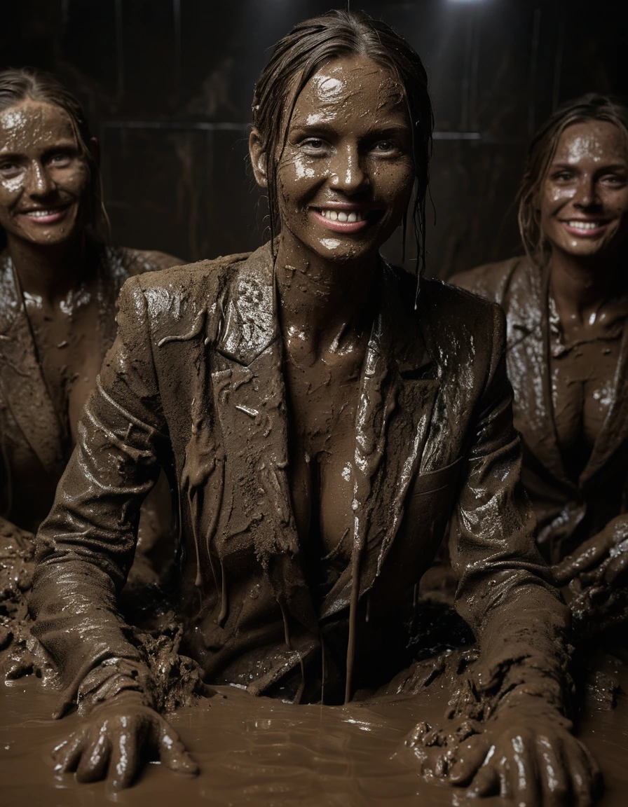 photo of young woman, in soaking wet, drenched clothes,
Muddy high heels, Long very muddy suit pants, Full muddy ruined fully-opened unbuttoned sexy blazer like a fancy uniform over topless with super sexy cleavage and exposed huge saggy boobs., Dark muddy indoor disco club at night. Deep mud on the floor, mud splashed walls, dripping mud from above, very dark mood lighting with pink and blue neon lights from above. Muddy chairs and sofas in the background. , 
enjoying, wet clothes stuck to body,
detailed textures of the wet clothes, wet face, wet plastered hair,
wet, drenched, professional, high-quality details, full body view.
sharp focus, ultra-high pixel detail, realistic, high-quality, full colors, incredibly detailed, 4k, 8k, 16k, hyper-realistic, RAW photo, masterpiece, ultra-detailed, professionally color graded, professional photograph, Three stunning blonde 60 years old beautiful gleaming mature women are wallowing together in the deep muddy pool after a full dip in it and holding a glass of champagne in their hands during the crazy muddy indoor disco party at night and posing for a professional photo. They are proudly wearing their fully and heavily mud-covered unbuttoned and opened sexy suits which fully exposing their large sexy and saggy muddy boobs. Focus on the large muddy cleavages of the blazers and on the bravely displayed large muddy heavy saggy boobs. Every small details of the clothes are muddy, muddy beautiful faces, muddy chests and boobs. Their blazer has the same colour as their muddy pants. The classy elegant disco club is totally destroyed by mud, mud spots everywhere, mud flows down on the walls, mud on the furnitures in the background. Straight muddy very long open wavy hairstyle, muddy hair, smiling and satisfied beautiful muddy faces, blue eyes, necklaces, earrings, lipstick. The women are enjoying to being total muddy in the muddy pool, being sexy, naughty while they are enjoying the muddy fetish party. Realistic muddy boobs and photorealistic detailed smiling facial expressions. Intimate close-up picture about the women. Close-up photo from front view, highly realistic representation, ultra sharp focus, highly photorealistic detailed textures, highly photorealistic detailed facial features and expressions, highly photorealistic hands, highly emotional reactions, highly best quality, highly sharp photorealistic image, highly photorealistic details, full UHD resolution, 32 K, very high level of detail and image sharpness, zoomed in, dry skin, dry clothes, dry fabric, dry skin, dry clothes, dry fabric, dry skin, dry clothes, dry fabric, dry skin, dry clothes, dry fabric, dry skin, dry clothes, dry fabric