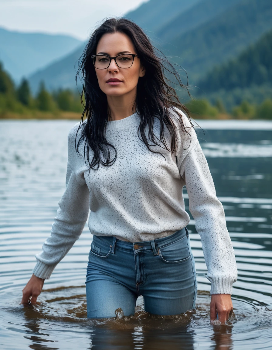 photo of young woman, in soaking wet, drenched clothes,
office shoes , long light blue leather jeans, white sweater with long sleeves, walking submerged in sunny deep lake, 
enjoying, wet clothes stuck to body,
detailed textures of the wet clothes, wet face, wet plastered hair,
wet, drenched, professional, high-quality details, full body view.
sharp focus, ultra-high pixel detail, realistic, high-quality, full colors, incredibly detailed, 4k, 8k, 16k, hyper-realistic, RAW photo, masterpiece, ultra-detailed, professionally color graded, professional photograph, woman 51 years old, long black hair, very big and thick lips, office glasses, complete body, open mouth,, dry skin, dry clothes, dry fabric