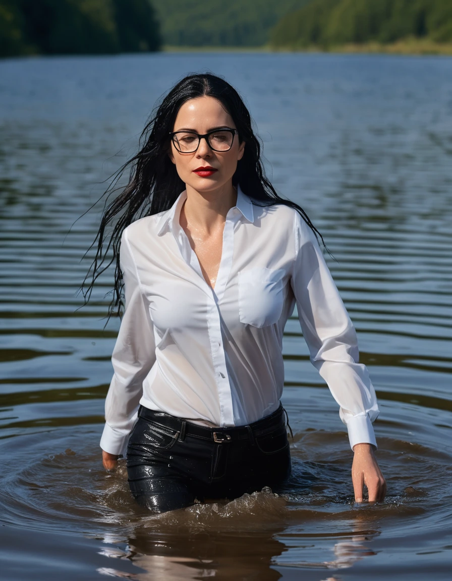 photo of young woman, in soaking wet, drenched clothes,
office shoes , long white leather jeans, black top with long sleeves, walking submerged in sunny deep lake, 
enjoying, wet clothes stuck to body,
detailed textures of the wet clothes, wet face, wet plastered hair,
wet, drenched, professional, high-quality details, full body view.
sharp focus, ultra-high pixel detail, realistic, high-quality, full colors, incredibly detailed, 4k, 8k, 16k, hyper-realistic, RAW photo, masterpiece, ultra-detailed, professionally color graded, professional photograph, woman 51 years old, long black hair, very big and thick lips, office glasses, complete body, open mouth, dry skin, dry clothes, dry fabric