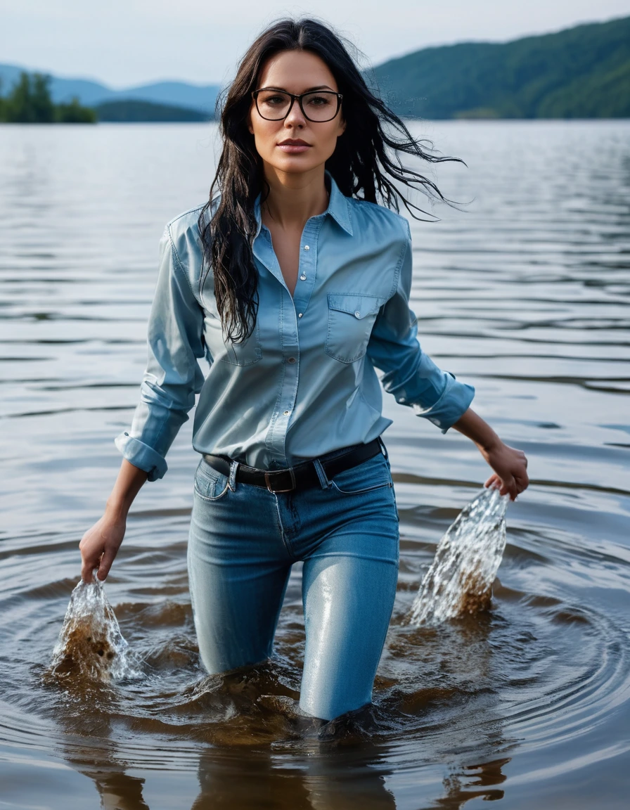 photo of young woman, in soaking wet, drenched clothes,
office shoes , WET long light blue jeans shinning, long light blue leather jeans shirt with long sleeves, walking submerged in sunny deep lake, 
enjoying, wet clothes stuck to body,
detailed textures of the wet clothes, wet face, wet plastered hair,
wet, drenched, professional, high-quality details, full body view.
sharp focus, ultra-high pixel detail, realistic, high-quality, full colors, incredibly detailed, 4k, 8k, 16k, hyper-realistic, RAW photo, masterpiece, ultra-detailed, professionally color graded, professional photograph, woman 51 years old, long black hair, very big and thick lips, office glasses, complete body, open mouth, dry skin, dry clothes, dry fabric
