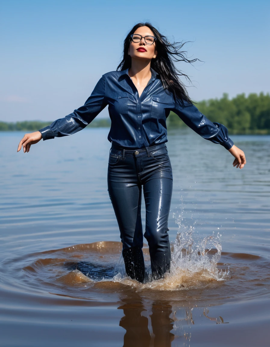 photo of young woman, in soaking wet, drenched clothes,
office shoes , long blue leather jeans, dark blue jeans top with long sleeves, walking submerged in sunny deep lake, 
enjoying, wet clothes stuck to body,
detailed textures of the wet clothes, wet face, wet plastered hair,
wet, drenched, professional, high-quality details, full body view.
sharp focus, ultra-high pixel detail, realistic, high-quality, full colors, incredibly detailed, 4k, 8k, 16k, hyper-realistic, RAW photo, masterpiece, ultra-detailed, professionally color graded, professional photograph, woman 51 years old, long black hair, very big and thick lips, office glasses, complete body, open mouth, dry skin, dry clothes, dry fabric