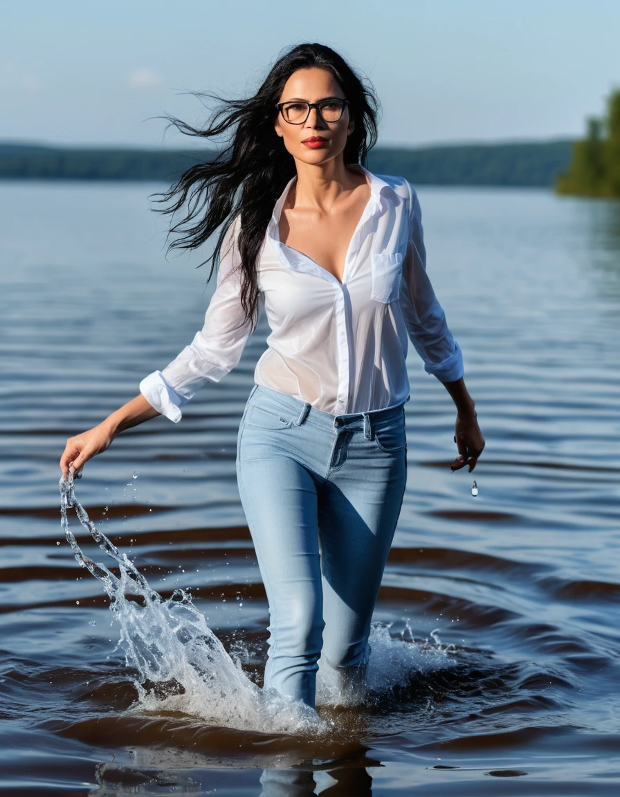 photo of young woman, in soaking wet, drenched clothes,
office shoes , long light blue leather jeans, white tank top with long sleeves, walking submerged in sunny deep lake, 
enjoying, wet clothes stuck to body,
detailed textures of the wet clothes, wet face, wet plastered hair,
wet, drenched, professional, high-quality details, full body view.
sharp focus, ultra-high pixel detail, realistic, high-quality, full colors, incredibly detailed, 4k, 8k, 16k, hyper-realistic, RAW photo, masterpiece, ultra-detailed, professionally color graded, professional photograph, woman 51 years old, long black hair, very big and thick lips, office glasses, complete body, open mouth, dry skin, dry clothes, dry fabric