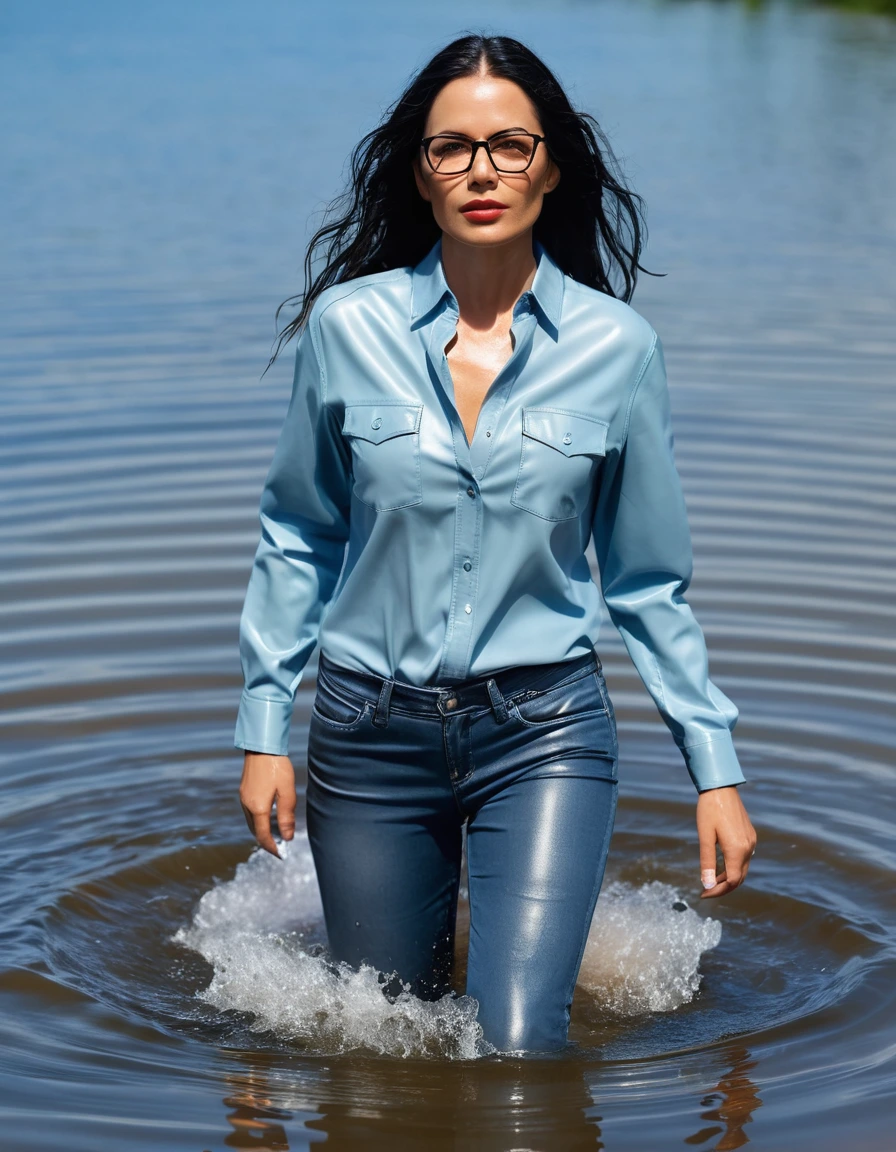 photo of young woman, in soaking wet, drenched clothes,
office shoes , long light blue leather jeans, long light blue leather jeans shirt with long sleeves, walking submerged in sunny deep lake, 
enjoying, wet clothes stuck to body,
detailed textures of the wet clothes, wet face, wet plastered hair,
wet, drenched, professional, high-quality details, full body view.
sharp focus, ultra-high pixel detail, realistic, high-quality, full colors, incredibly detailed, 4k, 8k, 16k, hyper-realistic, RAW photo, masterpiece, ultra-detailed, professionally color graded, professional photograph, woman 51 years old, long black hair, very big and thick lips, office glasses, complete body, open mouth, dry skin, dry clothes, dry fabric