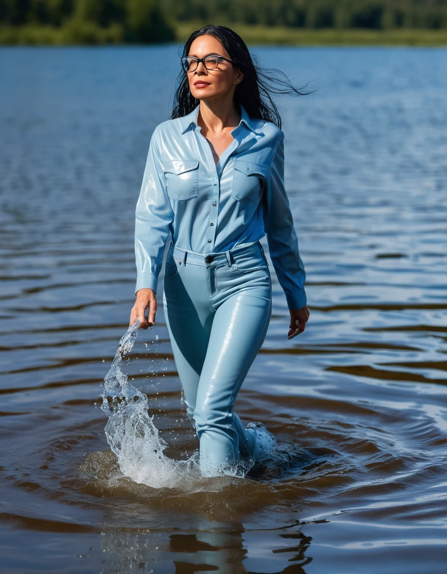 photo of young woman, in soaking wet, drenched clothes,
office shoes , long light blue leather jeans, long light blue leather jeans shirt with long sleeves, walking submerged in sunny deep lake, 
enjoying, wet clothes stuck to body,
detailed textures of the wet clothes, wet face, wet plastered hair,
wet, drenched, professional, high-quality details, full body view.
sharp focus, ultra-high pixel detail, realistic, high-quality, full colors, incredibly detailed, 4k, 8k, 16k, hyper-realistic, RAW photo, masterpiece, ultra-detailed, professionally color graded, professional photograph, woman 51 years old, long black hair, very big and thick lips, office glasses, complete body, open mouth, dry skin, dry clothes, dry fabric