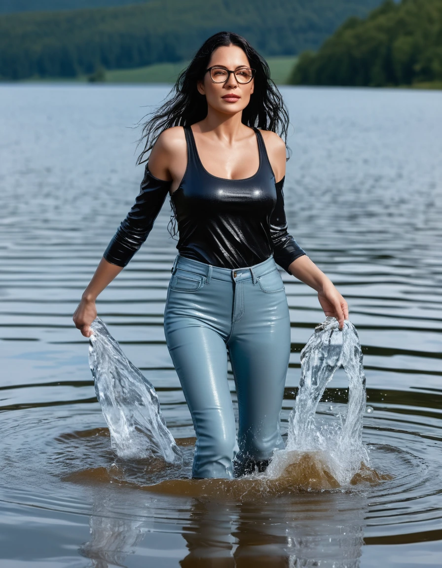 photo of young woman, in soaking wet, drenched clothes,
office shoes , long light blue leather jeans, black tank top with long sleeves, walking submerged in sunny deep lake, 
enjoying, wet clothes stuck to body,
detailed textures of the wet clothes, wet face, wet plastered hair,
wet, drenched, professional, high-quality details, full body view.
sharp focus, ultra-high pixel detail, realistic, high-quality, full colors, incredibly detailed, 4k, 8k, 16k, hyper-realistic, RAW photo, masterpiece, ultra-detailed, professionally color graded, professional photograph, woman 51 years old, long black hair, very big and thick lips, office glasses, complete body, open mouth, dry skin, dry clothes, dry fabric