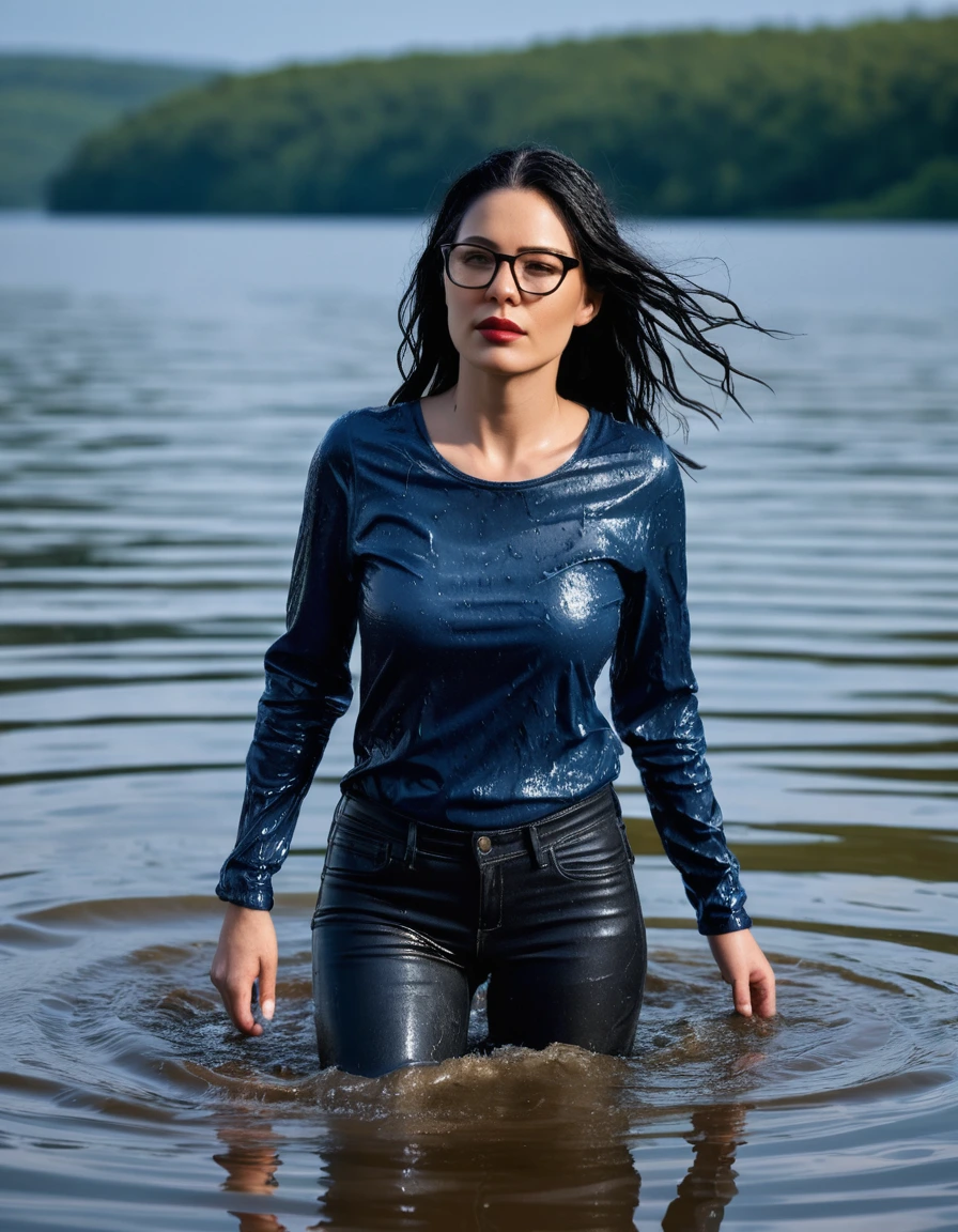 photo of young woman, in soaking wet, drenched clothes,
office shoes , long blue leather jeans, dark blue tank top with long sleeves, walking submerged in sunny deep lake, 
enjoying, wet clothes stuck to body,
detailed textures of the wet clothes, wet face, wet plastered hair,
wet, drenched, professional, high-quality details, full body view.
sharp focus, ultra-high pixel detail, realistic, high-quality, full colors, incredibly detailed, 4k, 8k, 16k, hyper-realistic, RAW photo, masterpiece, ultra-detailed, professionally color graded, professional photograph, woman 51 years old, long black hair, very big and thick lips, office glasses, complete body, open mouth, dry skin, dry clothes, dry fabric