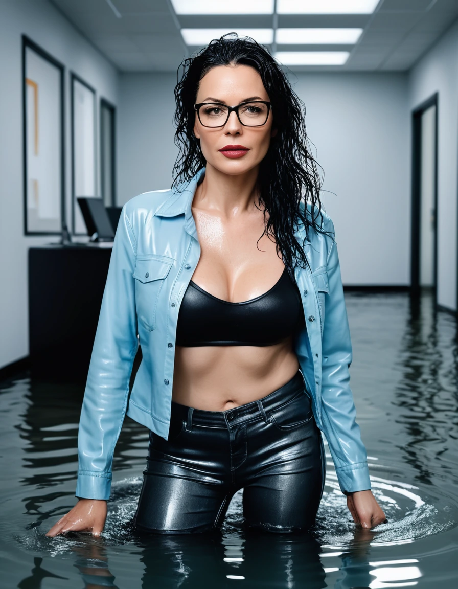 photo of young woman, in soaking wet, drenched clothes,
office shoes , long light blue leather jeans, black tank top with long sleeves, walking submerged in flooded office, 
enjoying, wet clothes stuck to body,
detailed textures of the wet clothes, wet face, wet plastered hair,
wet, drenched, professional, high-quality details, full body view.
sharp focus, ultra-high pixel detail, realistic, high-quality, full colors, incredibly detailed, 4k, 8k, 16k, hyper-realistic, RAW photo, masterpiece, ultra-detailed, professionally color graded, professional photograph, woman 51 years old, long black hair, very big and thick lips, office glasses, complete body, open mouth, dry skin, dry clothes, dry fabric