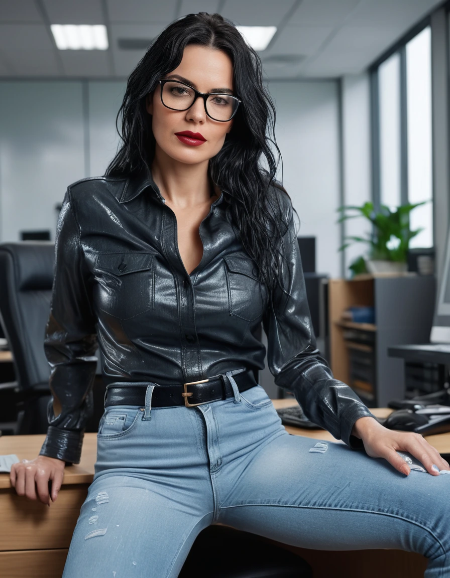 photo of young woman, in soaking wet, drenched clothes,
office shoes , long light blue leather jeans, black leather denim shirt with long sleeves, in office, 
enjoying, wet clothes stuck to body,
detailed textures of the wet clothes, wet face, wet plastered hair,
wet, drenched, professional, high-quality details, full body view.
sharp focus, ultra-high pixel detail, realistic, high-quality, full colors, incredibly detailed, 4k, 8k, 16k, hyper-realistic, RAW photo, masterpiece, ultra-detailed, professionally color graded, professional photograph, woman 51 years old, long black hair, very big and thick lips, office glasses, complete body, open mouth, dry skin, dry clothes, dry fabric