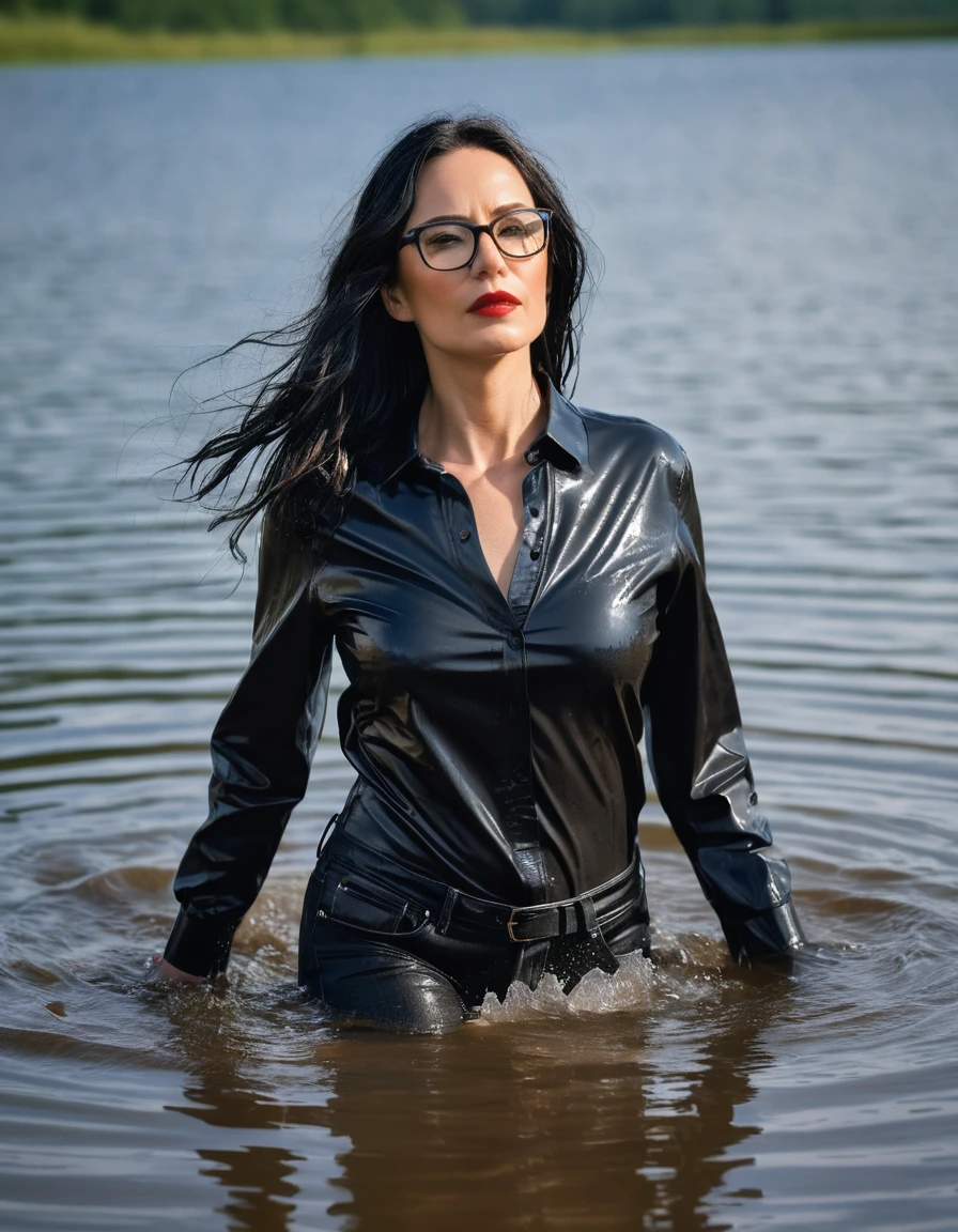 photo of young woman, in soaking wet, drenched clothes,
office shoes , long black leather jeans, black top with long sleeves, walking submerged in sunny deep lake, 
enjoying, wet clothes stuck to body,
detailed textures of the wet clothes, wet face, wet plastered hair,
wet, drenched, professional, high-quality details, full body view.
sharp focus, ultra-high pixel detail, realistic, high-quality, full colors, incredibly detailed, 4k, 8k, 16k, hyper-realistic, RAW photo, masterpiece, ultra-detailed, professionally color graded, professional photograph, woman 51 years old, long black hair, very big and thick lips, office glasses, complete body, open mouth, dry skin, dry clothes, dry fabric