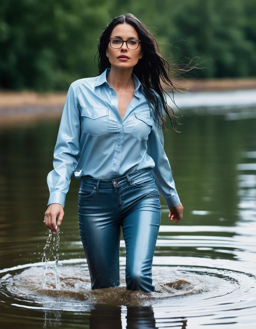 photo of young woman, in soaking wet, drenched clothes,
office shoes , long light blue leather jeans, long light blue leather jeans shirt with long sleeves, walking submerged in sunny deep lake, 
enjoying, wet clothes stuck to body,
detailed textures of the wet clothes, wet face, wet plastered hair,
wet, drenched, professional, high-quality details, full body view.
sharp focus, ultra-high pixel detail, realistic, high-quality, full colors, incredibly detailed, 4k, 8k, 16k, hyper-realistic, RAW photo, masterpiece, ultra-detailed, professionally color graded, professional photograph, woman 51 years old, long black hair, very big and thick lips, office glasses, complete body, open mouth, dry skin, dry clothes, dry fabric
