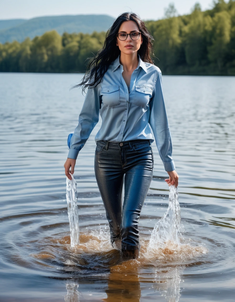 photo of young woman, in soaking wet, drenched clothes,
office shoes , WET long light blue jeans shinning, long light blue leather jeans shirt with long sleeves, walking submerged in sunny deep lake, 
enjoying, wet clothes stuck to body,
detailed textures of the wet clothes, wet face, wet plastered hair,
wet, drenched, professional, high-quality details, full body view.
sharp focus, ultra-high pixel detail, realistic, high-quality, full colors, incredibly detailed, 4k, 8k, 16k, hyper-realistic, RAW photo, masterpiece, ultra-detailed, professionally color graded, professional photograph, woman 51 years old, long black hair, very big and thick lips, office glasses, complete body, open mouth, dry skin, dry clothes, dry fabric
