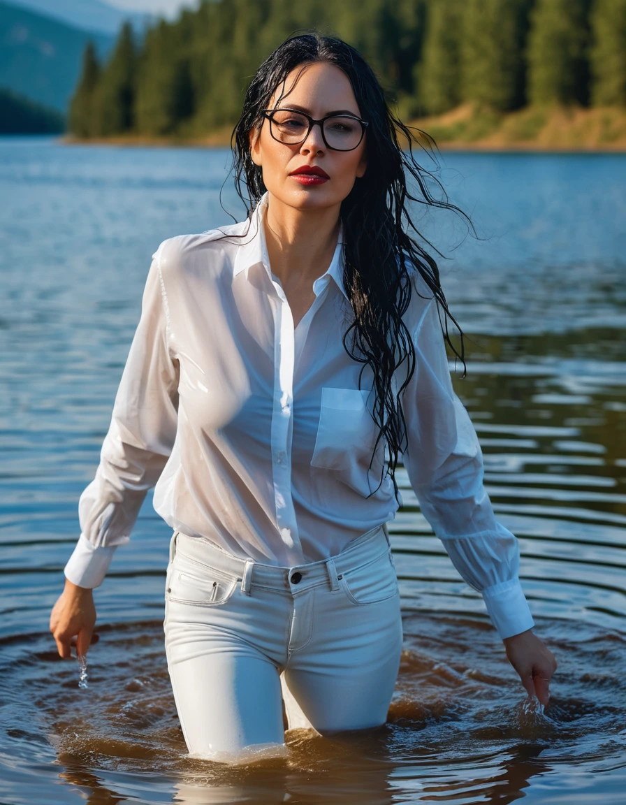 photo of young woman, in soaking wet, drenched clothes,
office shoes , long white leather jeans, white top with long sleeves, walking submerged in sunny deep lake, 
enjoying, wet clothes stuck to body,
detailed textures of the wet clothes, wet face, wet plastered hair,
wet, drenched, professional, high-quality details, full body view.
sharp focus, ultra-high pixel detail, realistic, high-quality, full colors, incredibly detailed, 4k, 8k, 16k, hyper-realistic, RAW photo, masterpiece, ultra-detailed, professionally color graded, professional photograph, woman 51 years old, long black hair, very big and thick lips, office glasses, complete body, open mouth, dry skin, dry clothes, dry fabric