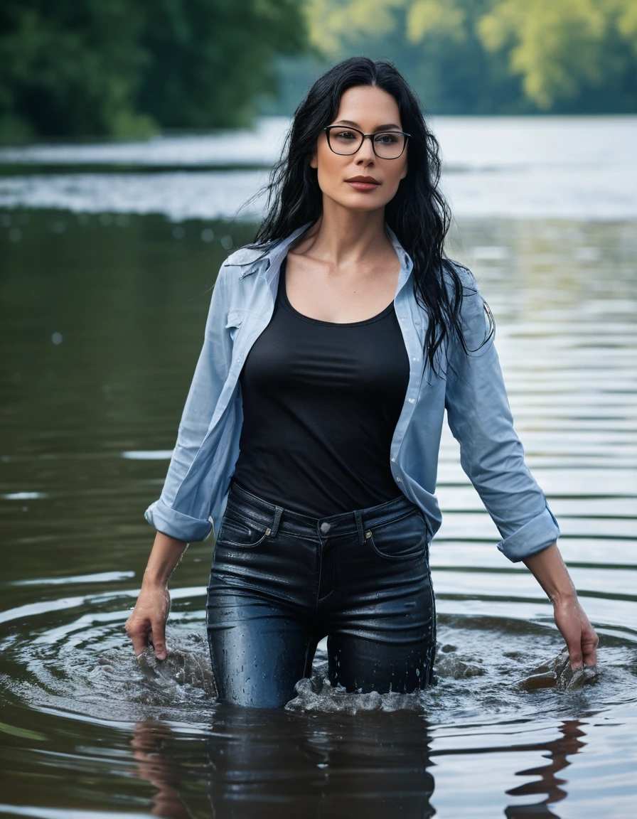 photo of young woman, in soaking wet, drenched clothes,
office shoes , long light blue leather jeans, black tank top with long sleeves, walking submerged in sunny deep lake, 
enjoying, wet clothes stuck to body,
detailed textures of the wet clothes, wet face, wet plastered hair,
wet, drenched, professional, high-quality details, full body view.
sharp focus, ultra-high pixel detail, realistic, high-quality, full colors, incredibly detailed, 4k, 8k, 16k, hyper-realistic, RAW photo, masterpiece, ultra-detailed, professionally color graded, professional photograph, woman 51 years old, long black hair, very big and thick lips, office glasses, complete body, open mouth, dry skin, dry clothes, dry fabric