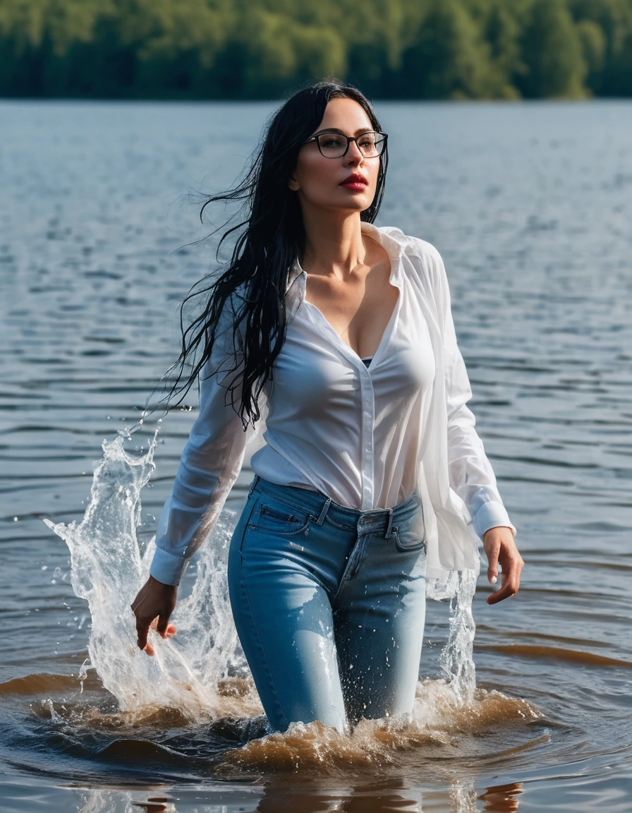photo of young woman, in soaking wet, drenched clothes,
office shoes , long light blue leather jeans, white tank top with long sleeves, walking submerged in sunny deep lake, 
enjoying, wet clothes stuck to body,
detailed textures of the wet clothes, wet face, wet plastered hair,
wet, drenched, professional, high-quality details, full body view.
sharp focus, ultra-high pixel detail, realistic, high-quality, full colors, incredibly detailed, 4k, 8k, 16k, hyper-realistic, RAW photo, masterpiece, ultra-detailed, professionally color graded, professional photograph, woman 51 years old, long black hair, very big and thick lips, office glasses, complete body, open mouth, dry skin, dry clothes, dry fabric