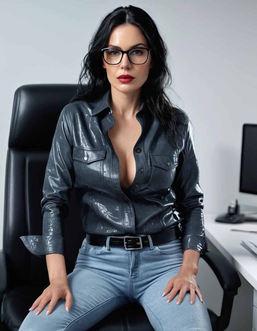 photo of young woman, in soaking wet, drenched clothes,
office shoes , long light blue leather jeans, black leather denim shirt with long sleeves, in office, 
enjoying, wet clothes stuck to body,
detailed textures of the wet clothes, wet face, wet plastered hair,
wet, drenched, professional, high-quality details, full body view.
sharp focus, ultra-high pixel detail, realistic, high-quality, full colors, incredibly detailed, 4k, 8k, 16k, hyper-realistic, RAW photo, masterpiece, ultra-detailed, professionally color graded, professional photograph, woman 51 years old, long black hair, very big and thick lips, office glasses, complete body, open mouth, dry skin, dry clothes, dry fabric
