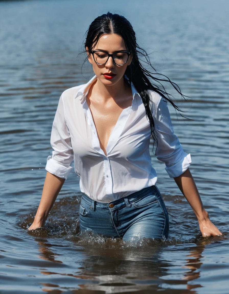 photo of young woman, in soaking wet, drenched clothes,
office shoes , long light blue leather jeans, white tank top with long sleeves, walking submerged in sunny deep lake, 
enjoying, wet clothes stuck to body,
detailed textures of the wet clothes, wet face, wet plastered hair,
wet, drenched, professional, high-quality details, full body view.
sharp focus, ultra-high pixel detail, realistic, high-quality, full colors, incredibly detailed, 4k, 8k, 16k, hyper-realistic, RAW photo, masterpiece, ultra-detailed, professionally color graded, professional photograph, woman 51 years old, long black hair, very big and thick lips, office glasses, complete body, open mouth, dry skin, dry clothes, dry fabric