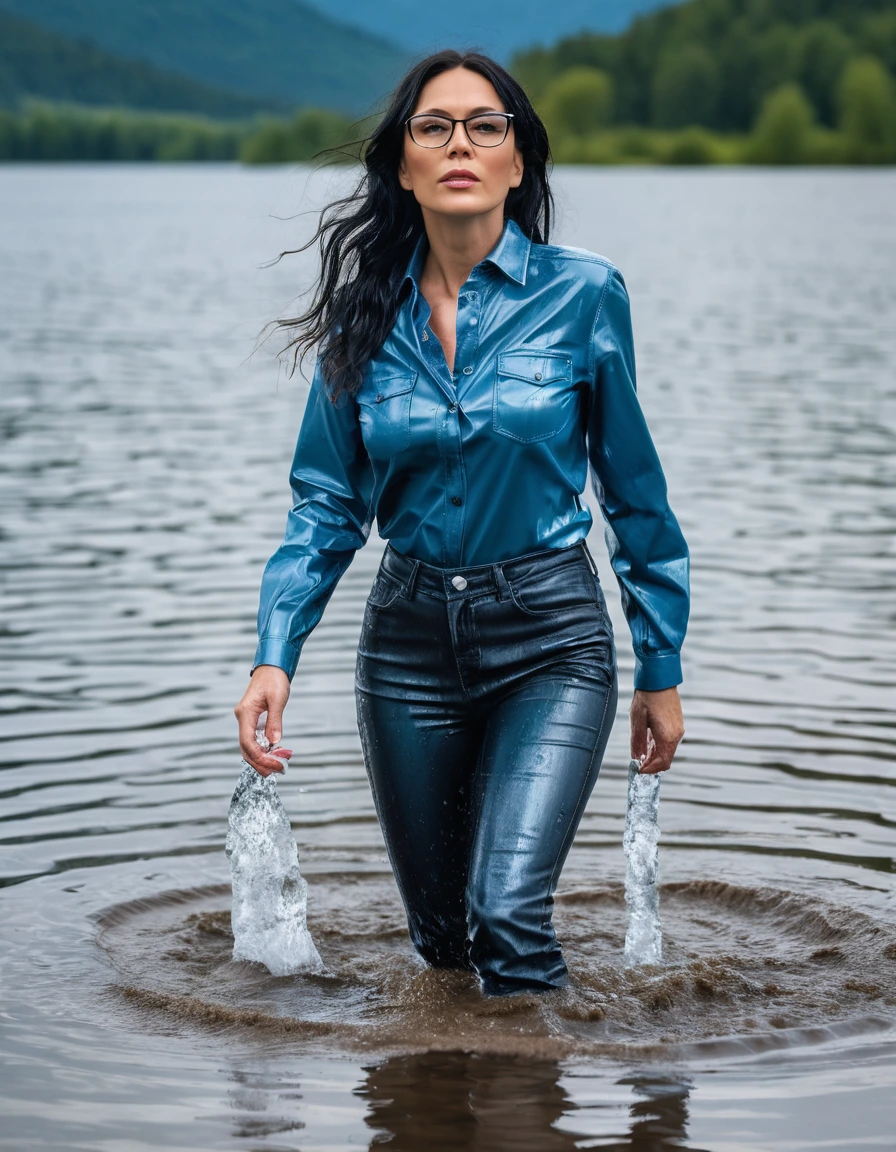 photo of young woman, in soaking wet, drenched clothes,
office shoes , long light blue leather jeans, black leather denim shirt with long sleeves, walking submerged in sunny deep lake, 
enjoying, wet clothes stuck to body,
detailed textures of the wet clothes, wet face, wet plastered hair,
wet, drenched, professional, high-quality details, full body view.
sharp focus, ultra-high pixel detail, realistic, high-quality, full colors, incredibly detailed, 4k, 8k, 16k, hyper-realistic, RAW photo, masterpiece, ultra-detailed, professionally color graded, professional photograph, woman 51 years old, long black hair, very big and thick lips, office glasses, complete body, open mouth, dry skin, dry clothes, dry fabric