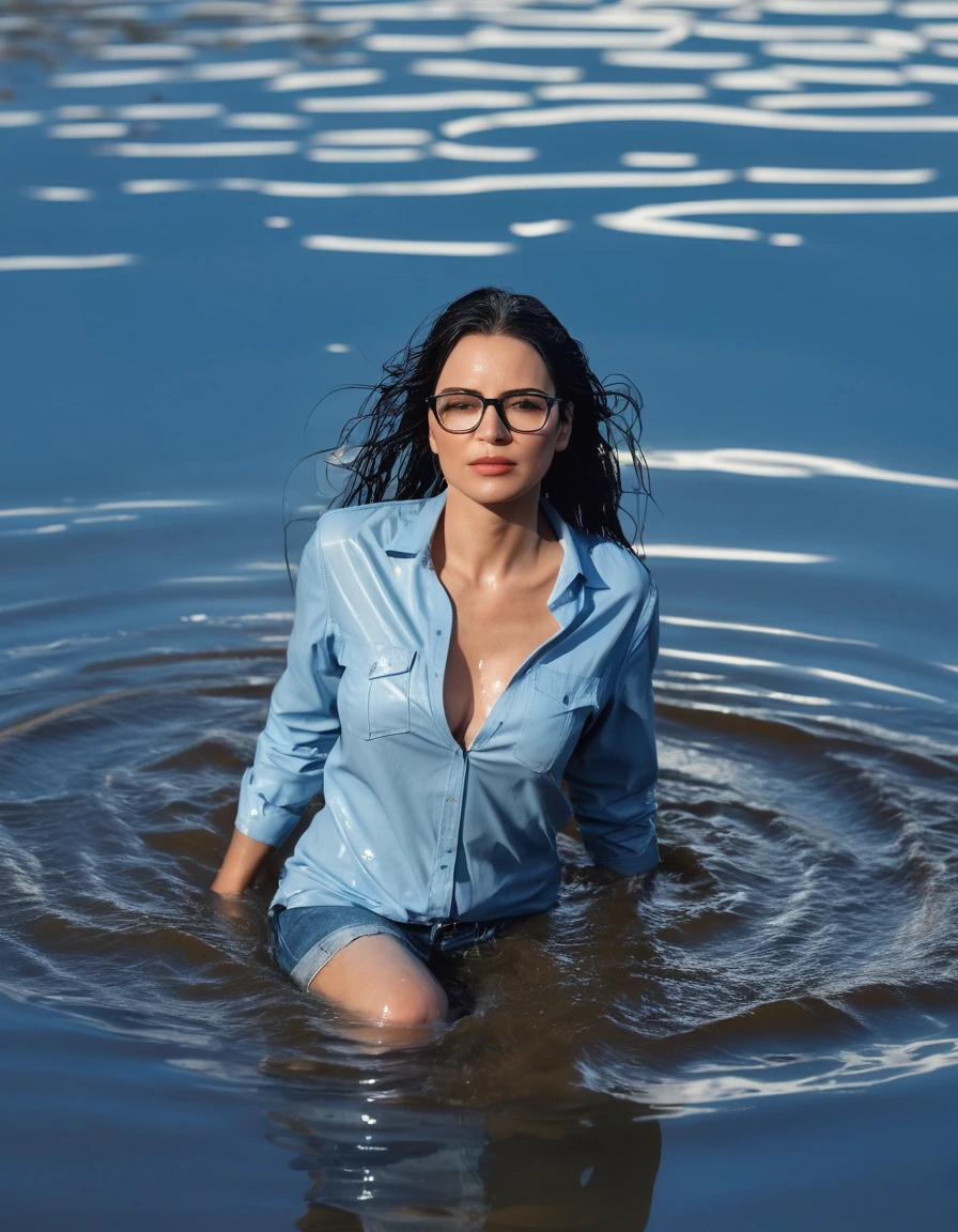 photo of young woman, in soaking wet, drenched clothes,
office shoes , WET long light blue jeans shinning, long light blue leather jeans shirt with long sleeves, walking submerged in sunny deep lake, 
enjoying, wet clothes stuck to body,
detailed textures of the wet clothes, wet face, wet plastered hair,
wet, drenched, professional, high-quality details, full body view.
sharp focus, ultra-high pixel detail, realistic, high-quality, full colors, incredibly detailed, 4k, 8k, 16k, hyper-realistic, RAW photo, masterpiece, ultra-detailed, professionally color graded, professional photograph, woman 51 years old, long black hair, very big and thick lips, office glasses, complete body, open mouth, dry skin, dry clothes, dry fabric