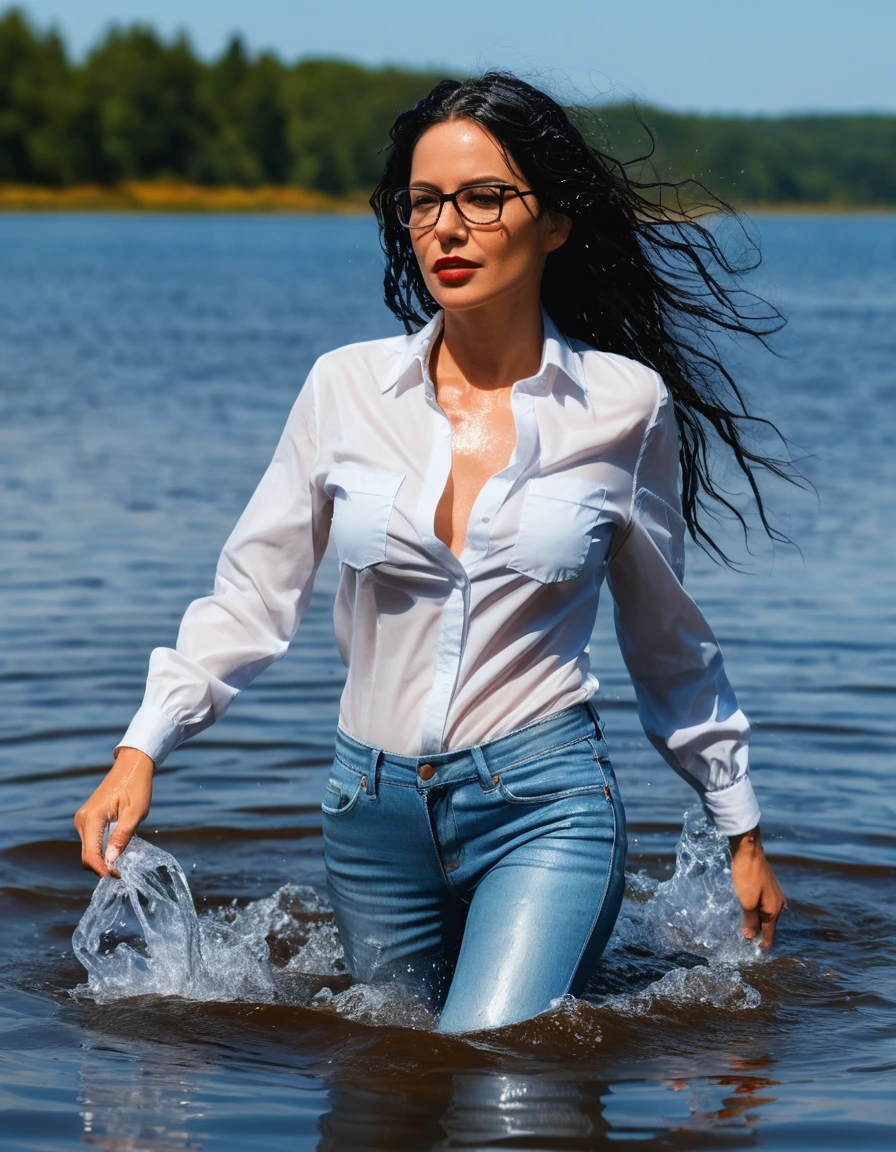photo of young woman, in soaking wet, drenched clothes,
office shoes , long light blue leather jeans, white tank top with long sleeves, walking submerged in sunny deep lake, 
enjoying, wet clothes stuck to body,
detailed textures of the wet clothes, wet face, wet plastered hair,
wet, drenched, professional, high-quality details, full body view.
sharp focus, ultra-high pixel detail, realistic, high-quality, full colors, incredibly detailed, 4k, 8k, 16k, hyper-realistic, RAW photo, masterpiece, ultra-detailed, professionally color graded, professional photograph, woman 51 years old, long black hair, very big and thick lips, office glasses, complete body, open mouth,, dry skin, dry clothes, dry fabric