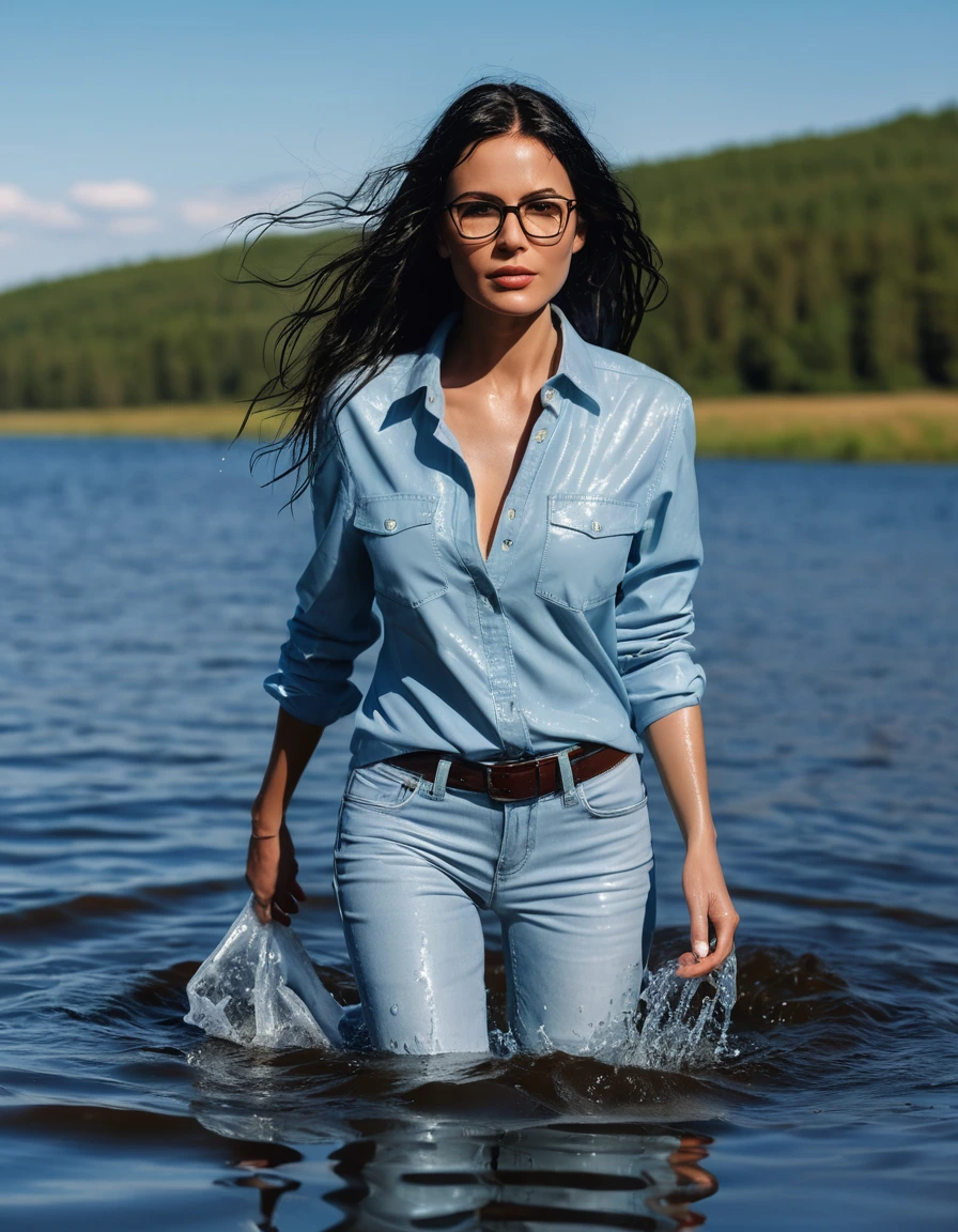 photo of young woman, in soaking wet, drenched clothes,
office shoes , WET long light blue jeans shinning, long light blue leather jeans shirt with long sleeves, walking submerged in sunny deep lake, 
enjoying, wet clothes stuck to body,
detailed textures of the wet clothes, wet face, wet plastered hair,
wet, drenched, professional, high-quality details, full body view.
sharp focus, ultra-high pixel detail, realistic, high-quality, full colors, incredibly detailed, 4k, 8k, 16k, hyper-realistic, RAW photo, masterpiece, ultra-detailed, professionally color graded, professional photograph, woman 51 years old, long black hair, very big and thick lips, office glasses, complete body, open mouth, dry skin, dry clothes, dry fabric