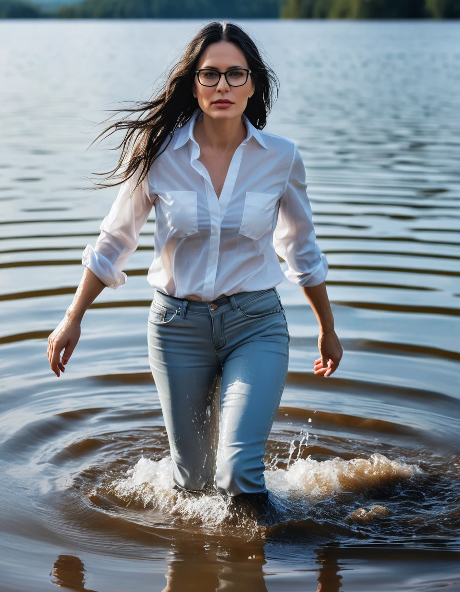 photo of young woman, in soaking wet, drenched clothes,
office shoes , long light blue leather jeans, white denim shirt long sleeves, walking submerged in sunny deep lake, 
enjoying, wet clothes stuck to body,
detailed textures of the wet clothes, wet face, wet plastered hair,
wet, drenched, professional, high-quality details, full body view.
sharp focus, ultra-high pixel detail, realistic, high-quality, full colors, incredibly detailed, 4k, 8k, 16k, hyper-realistic, RAW photo, masterpiece, ultra-detailed, professionally color graded, professional photograph, woman 51 years old, long black hair, very big and thick lips, office glasses, complete body, open mouth, dry skin, dry clothes, dry fabric, dry skin, dry clothes, dry fabric