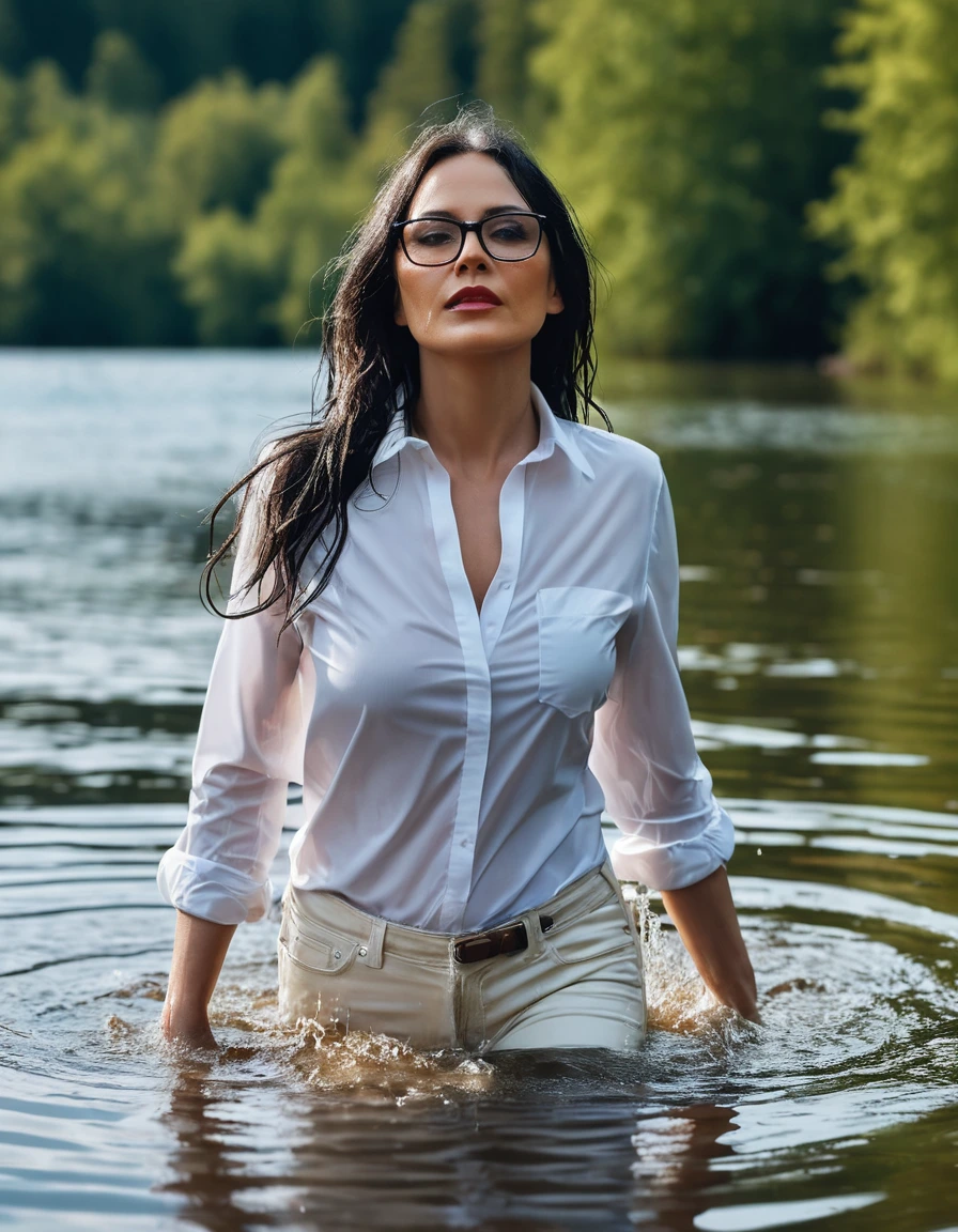 photo of young woman, in soaking wet, drenched clothes,
office shoes , long white leather jeans, white top with long sleeves, walking submerged in sunny deep lake, 
enjoying, wet clothes stuck to body,
detailed textures of the wet clothes, wet face, wet plastered hair,
wet, drenched, professional, high-quality details, full body view.
sharp focus, ultra-high pixel detail, realistic, high-quality, full colors, incredibly detailed, 4k, 8k, 16k, hyper-realistic, RAW photo, masterpiece, ultra-detailed, professionally color graded, professional photograph, woman 51 years old, long black hair, very big and thick lips, office glasses, complete body, open mouth, dry skin, dry clothes, dry fabric