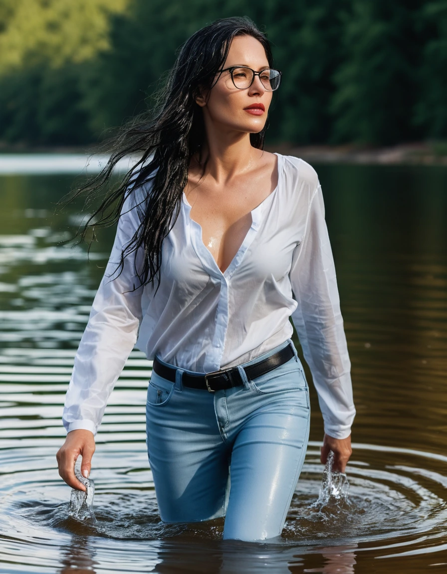 photo of young woman, in soaking wet, drenched clothes,
office shoes , long light blue leather jeans, white tank top with long sleeves, walking submerged in sunny deep lake, 
enjoying, wet clothes stuck to body,
detailed textures of the wet clothes, wet face, wet plastered hair,
wet, drenched, professional, high-quality details, full body view.
sharp focus, ultra-high pixel detail, realistic, high-quality, full colors, incredibly detailed, 4k, 8k, 16k, hyper-realistic, RAW photo, masterpiece, ultra-detailed, professionally color graded, professional photograph, woman 51 years old, long black hair, very big and thick lips, office glasses, complete body, open mouth, dry skin, dry clothes, dry fabric