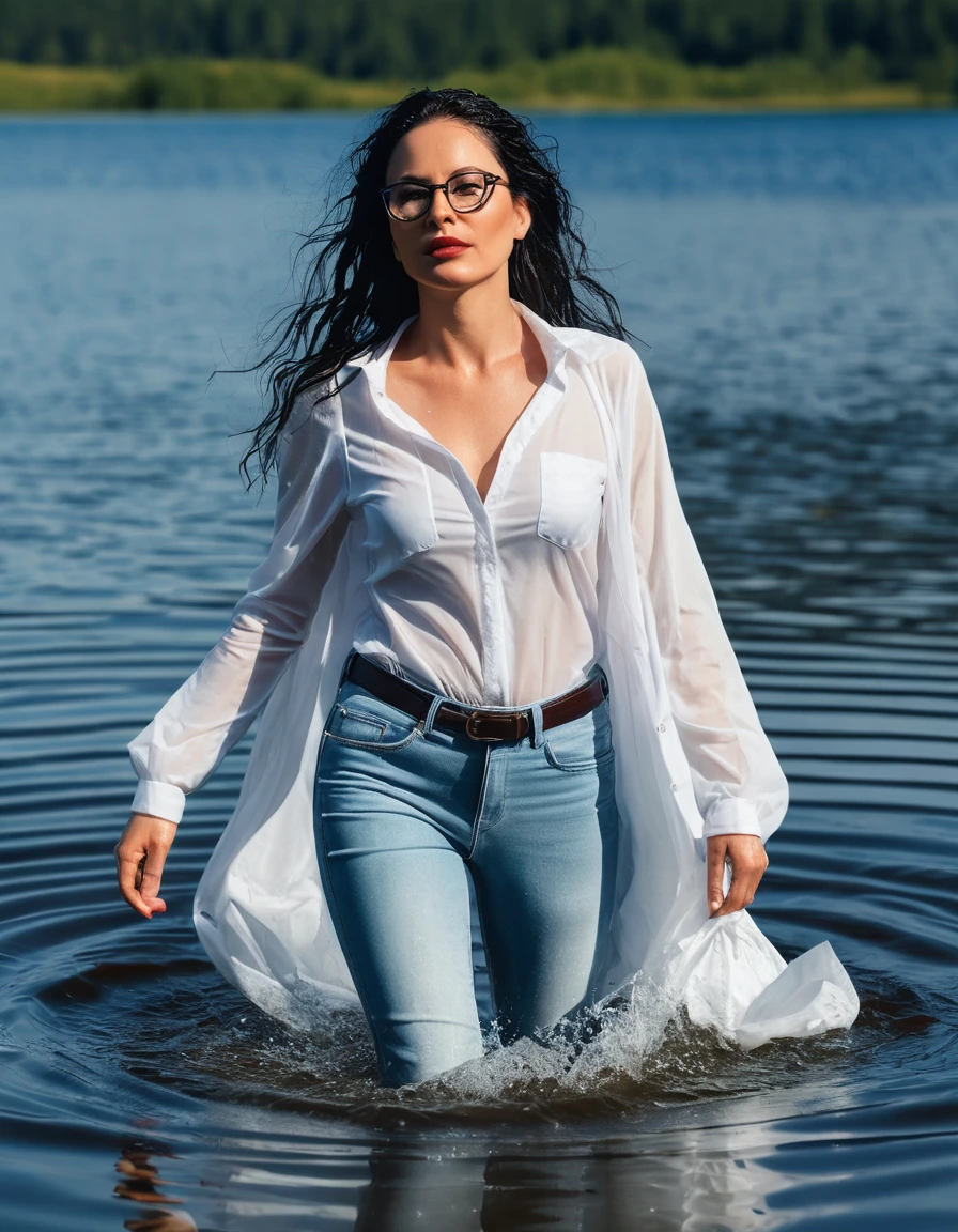 photo of young woman, in soaking wet, drenched clothes,
office shoes , long light blue leather jeans, white tank top with long sleeves, walking submerged in sunny deep lake, 
enjoying, wet clothes stuck to body,
detailed textures of the wet clothes, wet face, wet plastered hair,
wet, drenched, professional, high-quality details, full body view.
sharp focus, ultra-high pixel detail, realistic, high-quality, full colors, incredibly detailed, 4k, 8k, 16k, hyper-realistic, RAW photo, masterpiece, ultra-detailed, professionally color graded, professional photograph, woman 51 years old, long black hair, very big and thick lips, office glasses, complete body, open mouth, dry skin, dry clothes, dry fabric