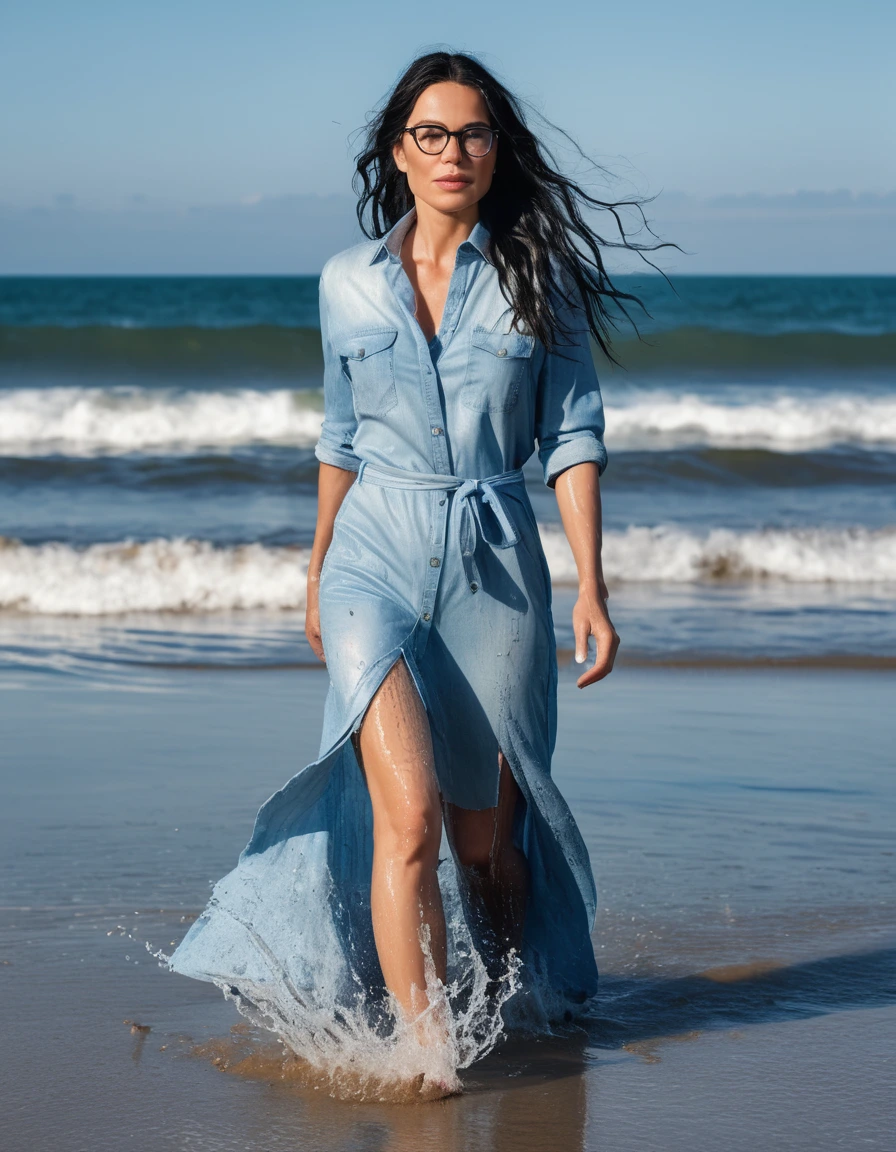 photo of young woman, in soaking wet, drenched clothes,
office shoes , maxi light blue jeans shirt dress, maxi light blue jeans shirt dress, walking on the beach, 
enjoying, wet clothes stuck to body,
detailed textures of the wet clothes, wet face, wet plastered hair,
wet, drenched, professional, high-quality details, full body view.
sharp focus, ultra-high pixel detail, realistic, high-quality, full colors, incredibly detailed, 4k, 8k, 16k, hyper-realistic, RAW photo, masterpiece, ultra-detailed, professionally color graded, professional photograph, woman 51 years old, long black hair, very big and thick lips, office glasses, complete body, open mouth,, dry skin, dry clothes, dry fabric