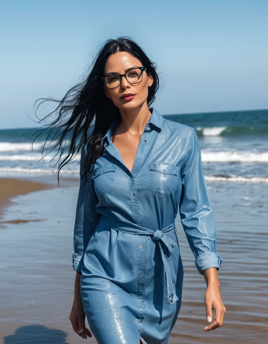 photo of young woman, in soaking wet, drenched clothes,
office shoes , midi light tight blue jeans shirt dress, midi light tight blue jeans shirt dress, walking on the beach, 
enjoying, wet clothes stuck to body,
detailed textures of the wet clothes, wet face, wet plastered hair,
wet, drenched, professional, high-quality details, full body view.
sharp focus, ultra-high pixel detail, realistic, high-quality, full colors, incredibly detailed, 4k, 8k, 16k, hyper-realistic, RAW photo, masterpiece, ultra-detailed, professionally color graded, professional photograph, woman 51 years old, long black hair, very big and thick lips, office glasses, complete body, open mouth,, dry skin, dry clothes, dry fabric