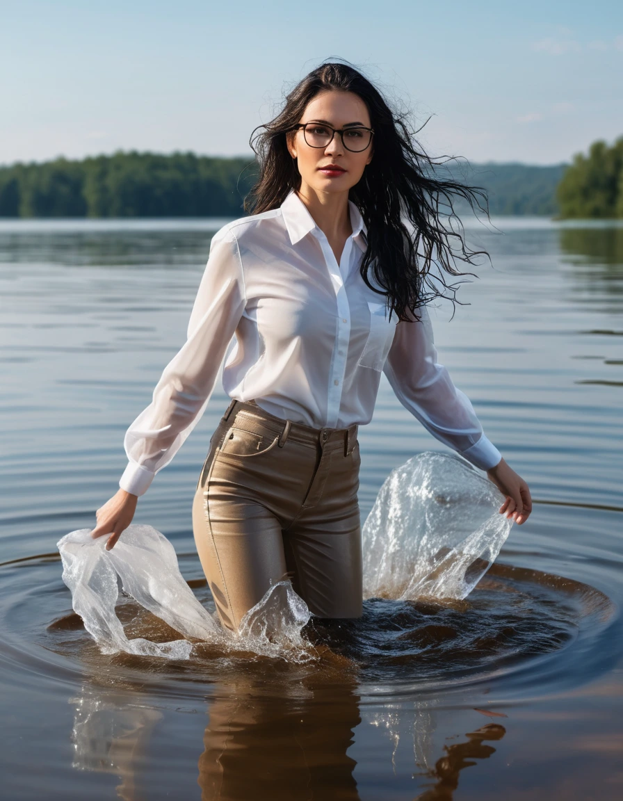 photo of young woman, in soaking wet, drenched clothes,
office shoes , long light brown jeans shinning, white transparent silk shirt shinning, walking submerged in sunny deep lake, 
enjoying, wet clothes stuck to body,
detailed textures of the wet clothes, wet face, wet plastered hair,
wet, drenched, professional, high-quality details, full body view.
sharp focus, ultra-high pixel detail, realistic, high-quality, full colors, incredibly detailed, 4k, 8k, 16k, hyper-realistic, RAW photo, masterpiece, ultra-detailed, professionally color graded, professional photograph, woman 51 years old, long black hair, very big and thick lips, office glasses, complete body, open mouth, dry skin, dry clothes, dry fabric