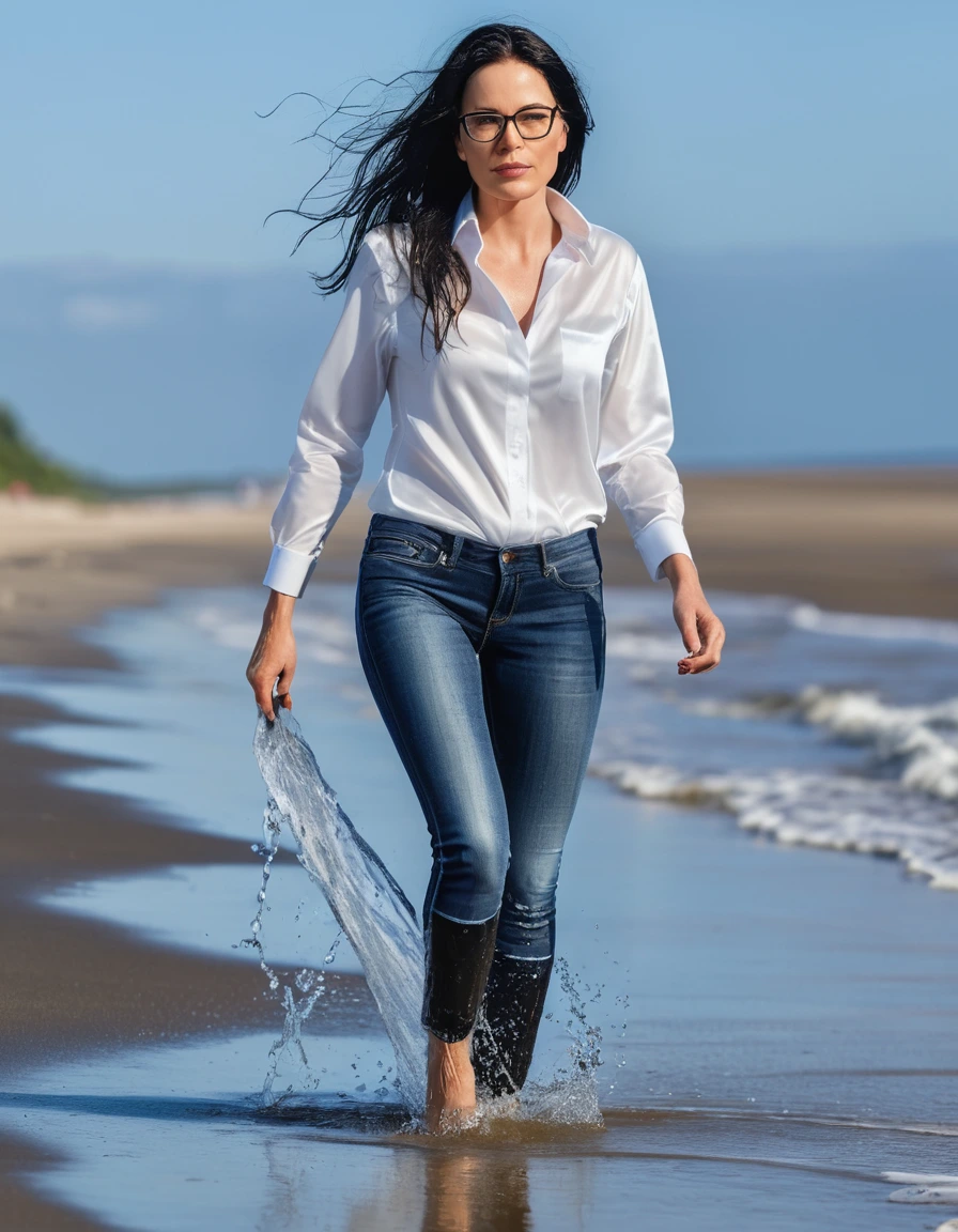 photo of young woman, in soaking wet, drenched clothes,
sport shoes , long tight blue jeans shinning, white silk satin shirt, walking on the beach, 
enjoying, wet clothes stuck to body,
detailed textures of the wet clothes, wet face, wet plastered hair,
wet, drenched, professional, high-quality details, full body view.
sharp focus, ultra-high pixel detail, realistic, high-quality, full colors, incredibly detailed, 4k, 8k, 16k, hyper-realistic, RAW photo, masterpiece, ultra-detailed, professionally color graded, professional photograph, woman 51 years old, long black hair, very big and thick lips, office glasses, complete body, open mouth,, dry skin, dry clothes, dry fabric