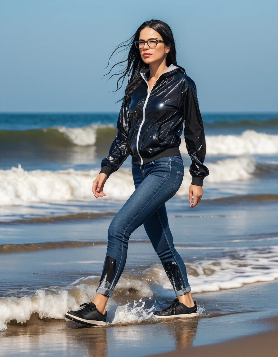 photo of young woman, in soaking wet, drenched clothes,
sport shoes , long tight blue jeans shinning, with black top, walking on the beach, 
enjoying, wet clothes stuck to body,
detailed textures of the wet clothes, wet face, wet plastered hair,
wet, drenched, professional, high-quality details, full body view.
sharp focus, ultra-high pixel detail, realistic, high-quality, full colors, incredibly detailed, 4k, 8k, 16k, hyper-realistic, RAW photo, masterpiece, ultra-detailed, professionally color graded, professional photograph, woman 51 years old, long black hair, very big and thick lips, office glasses, complete body, open mouth,, dry skin, dry clothes, dry fabric, dry skin, dry clothes, dry fabric