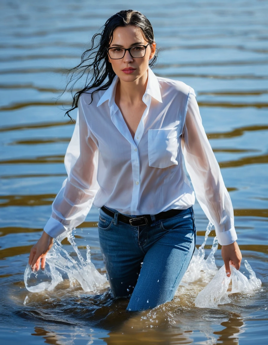 photo of young woman, in soaking wet, drenched clothes,
office shoes , long light blue jeans shinning, white transparent silk shirt shinning, walking submerged in sunny deep lake, 
enjoying, wet clothes stuck to body,
detailed textures of the wet clothes, wet face, wet plastered hair,
wet, drenched, professional, high-quality details, full body view.
sharp focus, ultra-high pixel detail, realistic, high-quality, full colors, incredibly detailed, 4k, 8k, 16k, hyper-realistic, RAW photo, masterpiece, ultra-detailed, professionally color graded, professional photograph, woman 51 years old, long black hair, very big and thick lips, office glasses, complete body, open mouth, dry skin, dry clothes, dry fabric