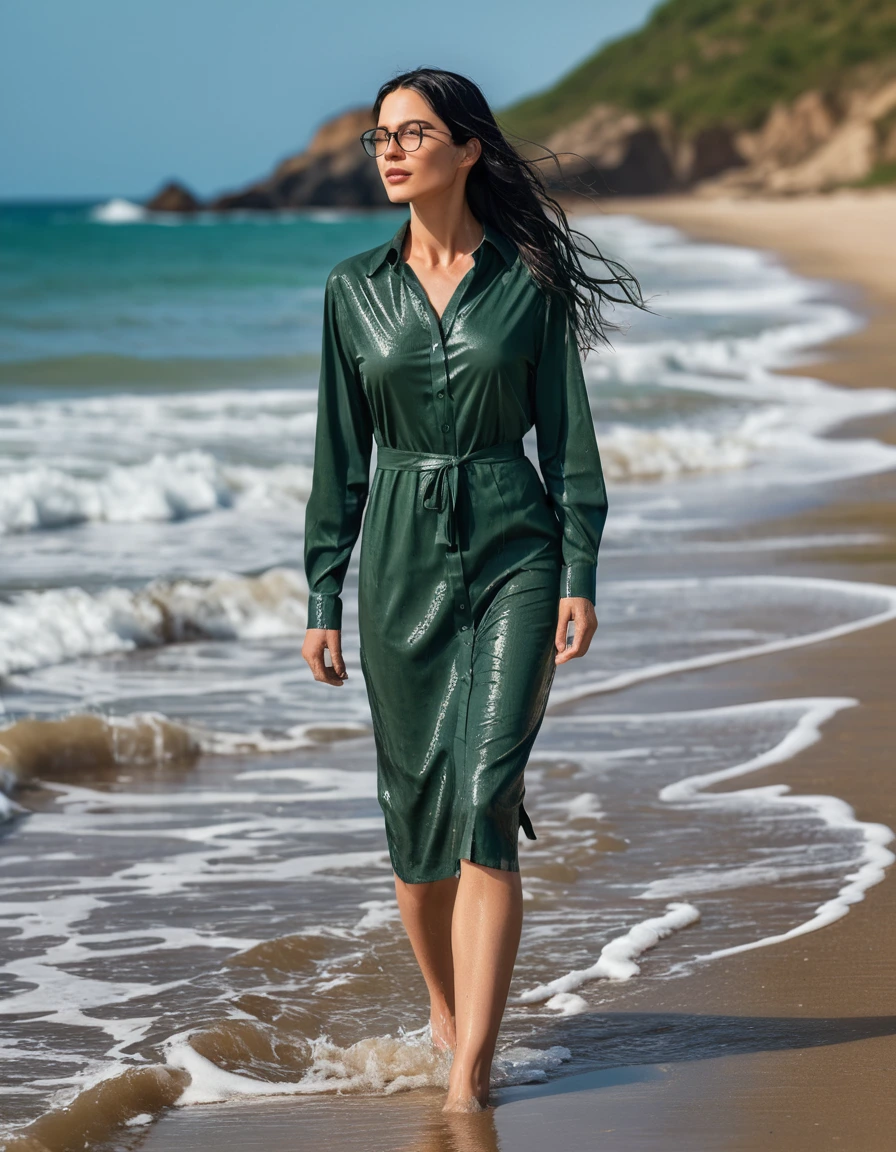 photo of young woman, in soaking wet, drenched clothes,
office shoes , midi tight dark green shirt dress, midi tight dark green shirt dress, walking on the beach, 
enjoying, wet clothes stuck to body,
detailed textures of the wet clothes, wet face, wet plastered hair,
wet, drenched, professional, high-quality details, full body view.
sharp focus, ultra-high pixel detail, realistic, high-quality, full colors, incredibly detailed, 4k, 8k, 16k, hyper-realistic, RAW photo, masterpiece, ultra-detailed, professionally color graded, professional photograph, woman 51 years old, long black hair, very big and thick lips, office glasses, complete body, open mouth,, dry skin, dry clothes, dry fabric