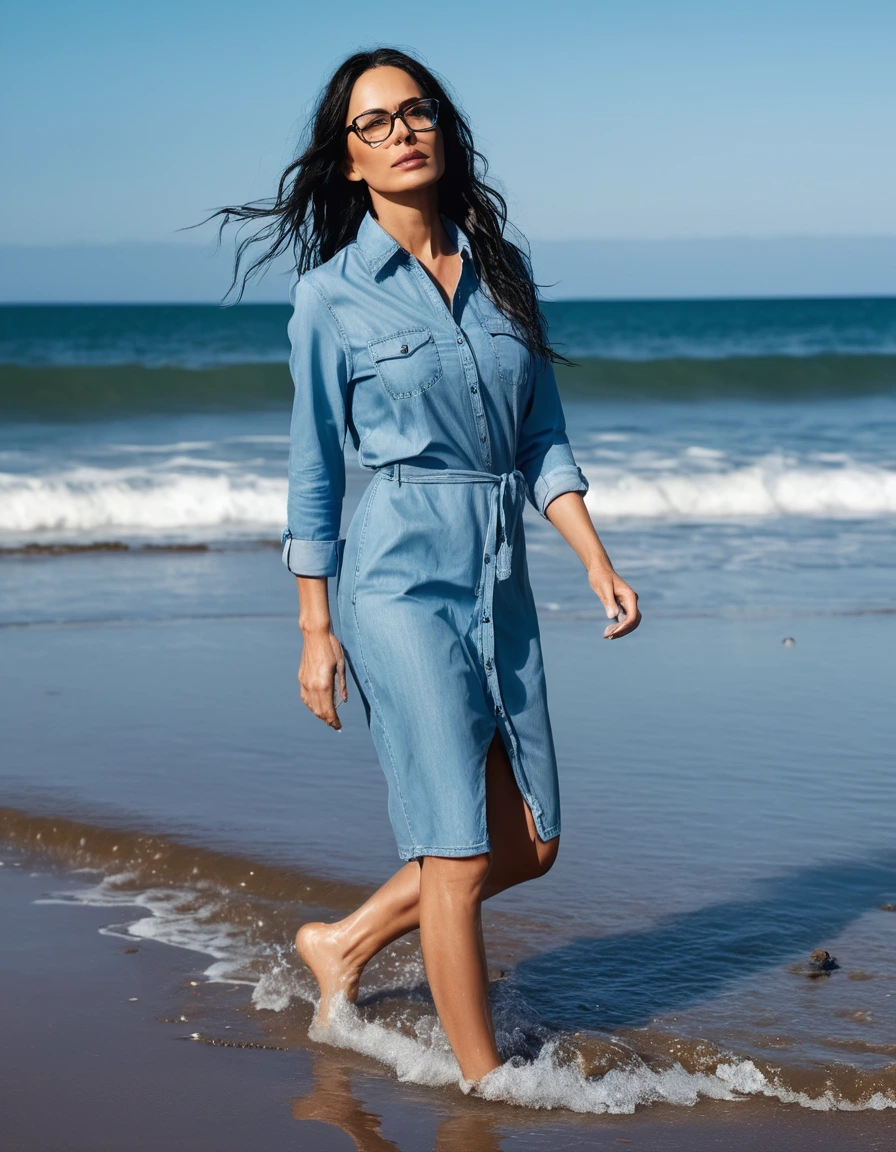 photo of young woman, in soaking wet, drenched clothes,
office shoes , midi light tight blue jeans shirt dress, midi light tight blue jeans shirt dress, walking on the beach, 
enjoying, wet clothes stuck to body,
detailed textures of the wet clothes, wet face, wet plastered hair,
wet, drenched, professional, high-quality details, full body view.
sharp focus, ultra-high pixel detail, realistic, high-quality, full colors, incredibly detailed, 4k, 8k, 16k, hyper-realistic, RAW photo, masterpiece, ultra-detailed, professionally color graded, professional photograph, woman 51 years old, long black hair, very big and thick lips, office glasses, complete body, open mouth,, dry skin, dry clothes, dry fabric