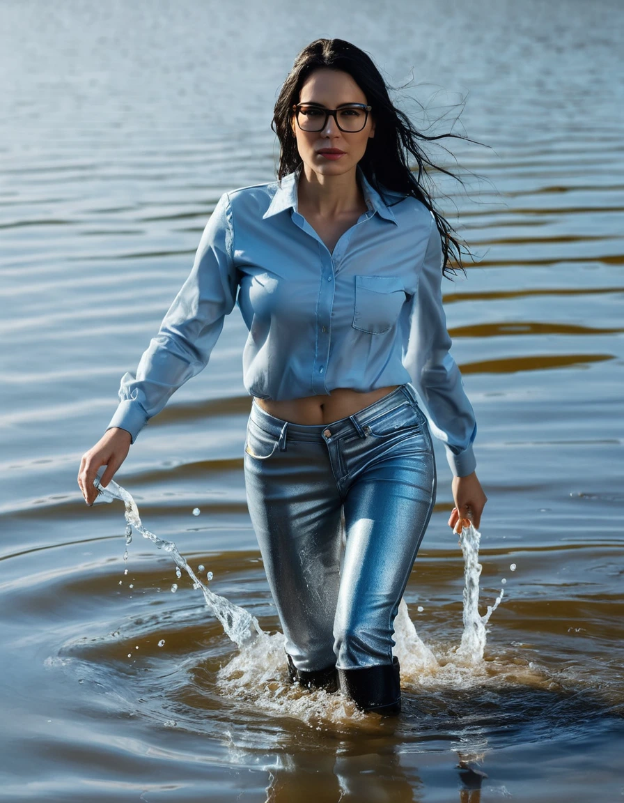 photo of young woman, in soaking wet, drenched clothes,
office shoes , long light blue LEATHER jeans shinning, light blue LEATHER jeans top shinning, walking submerged in sunny deep lake, 
enjoying, wet clothes stuck to body,
detailed textures of the wet clothes, wet face, wet plastered hair,
wet, drenched, professional, high-quality details, full body view.
sharp focus, ultra-high pixel detail, realistic, high-quality, full colors, incredibly detailed, 4k, 8k, 16k, hyper-realistic, RAW photo, masterpiece, ultra-detailed, professionally color graded, professional photograph, woman 51 years old, long black hair, very big and thick lips, office glasses, complete body, open mouth,, dry skin, dry clothes, dry fabric