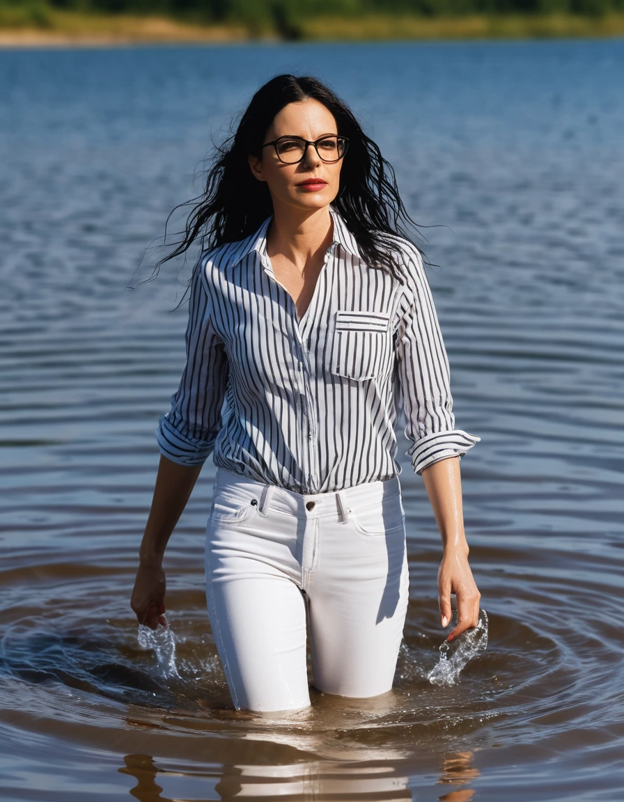 photo of young woman, in soaking wet, drenched clothes,
office shoes , long light white jeans, black & white striped top, walking submerged in sunny deep lake, 
enjoying, wet clothes stuck to body,
detailed textures of the wet clothes, wet face, wet plastered hair,
wet, drenched, professional, high-quality details, full body view.
sharp focus, ultra-high pixel detail, realistic, high-quality, full colors, incredibly detailed, 4k, 8k, 16k, hyper-realistic, RAW photo, masterpiece, ultra-detailed, professionally color graded, professional photograph, woman 51 years old, long black hair, very big and thick lips, office glasses, complete body, open mouth, dry skin, dry clothes, dry fabric, dry skin, dry clothes, dry fabric