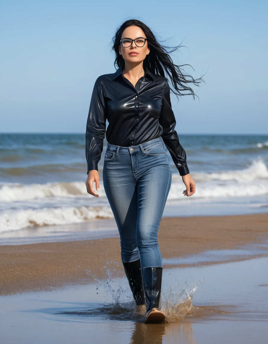photo of young woman, in soaking wet, drenched clothes,
office shoes , long tight blue jeans shinning, with black top, walking on the beach, 
enjoying, wet clothes stuck to body,
detailed textures of the wet clothes, wet face, wet plastered hair,
wet, drenched, professional, high-quality details, full body view.
sharp focus, ultra-high pixel detail, realistic, high-quality, full colors, incredibly detailed, 4k, 8k, 16k, hyper-realistic, RAW photo, masterpiece, ultra-detailed, professionally color graded, professional photograph, woman 51 years old, long black hair, very big and thick lips, office glasses, complete body, open mouth,, dry skin, dry clothes, dry fabric