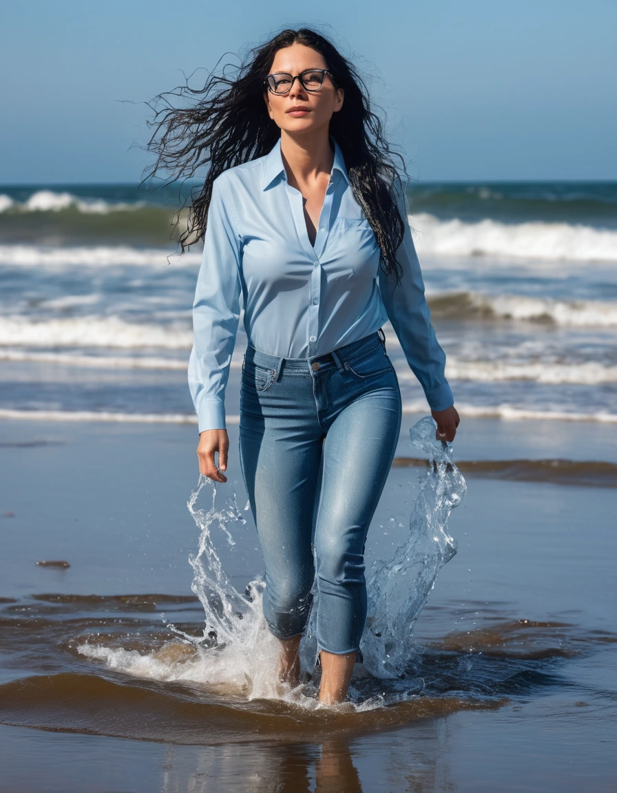 photo of young woman, in soaking wet, drenched clothes,
office shoes , long light blue tight jeans shinning, light blue jeans top, walking submerged in the waves, 
enjoying, wet clothes stuck to body,
detailed textures of the wet clothes, wet face, wet plastered hair,
wet, drenched, professional, high-quality details, full body view.
sharp focus, ultra-high pixel detail, realistic, high-quality, full colors, incredibly detailed, 4k, 8k, 16k, hyper-realistic, RAW photo, masterpiece, ultra-detailed, professionally color graded, professional photograph, woman 51 years old, long black hair, very big and thick lips, office glasses, complete body, open mouth, dry skin, dry clothes, dry fabric
