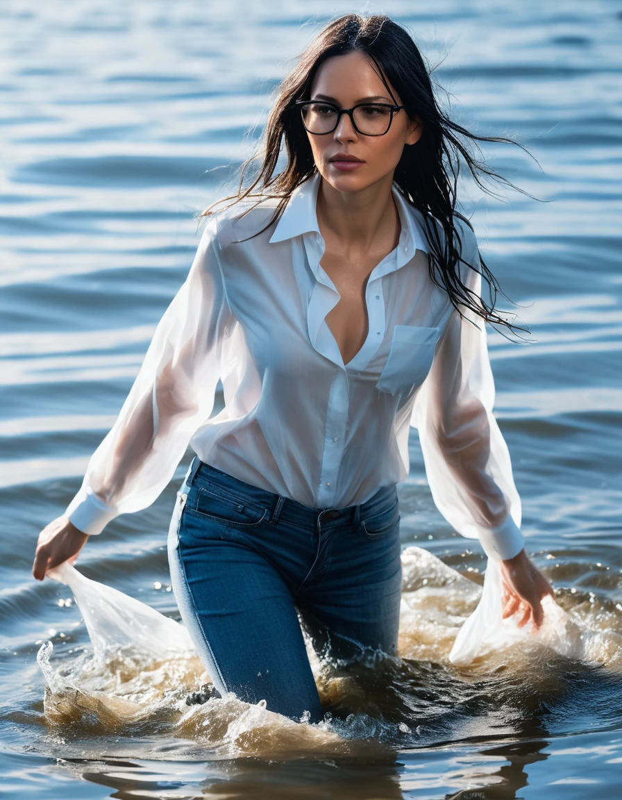 photo of young woman, in soaking wet, drenched clothes,
office shoes , long light blue jeans shinning, white transparent silk shirt shinning, walking submerged in sunny deep lake, 
enjoying, wet clothes stuck to body,
detailed textures of the wet clothes, wet face, wet plastered hair,
wet, drenched, professional, high-quality details, full body view.
sharp focus, ultra-high pixel detail, realistic, high-quality, full colors, incredibly detailed, 4k, 8k, 16k, hyper-realistic, RAW photo, masterpiece, ultra-detailed, professionally color graded, professional photograph, woman 51 years old, long black hair, very big and thick lips, office glasses, complete body, open mouth, dry skin, dry clothes, dry fabric