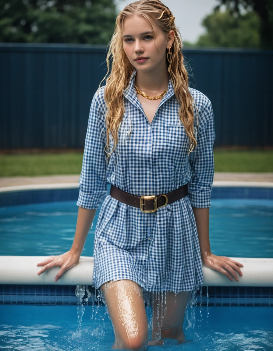 photo of young woman, in soaking wet, drenched clothes,
flats, long gingham granny dress soaking wet, wet nude stockings, wet white garter belt, high neck gingham granny dress with sleeves soaking wet, gold belt, standing in a swimming pool, 
enjoying, wet clothes stuck to body,
detailed textures of the wet clothes, wet face, wet plastered hair,
wet, drenched, professional, high-quality details, full body view.
sharp focus, ultra-high pixel detail, realistic, high-quality, full colors, incredibly detailed, 4k, 8k, 16k, hyper-realistic, RAW photo, masterpiece, ultra-detailed, professionally color graded, professional photograph, wet long blonde hair, gold earrings, gold necklace, gold bracelets, dry skin, dry clothes, dry fabric