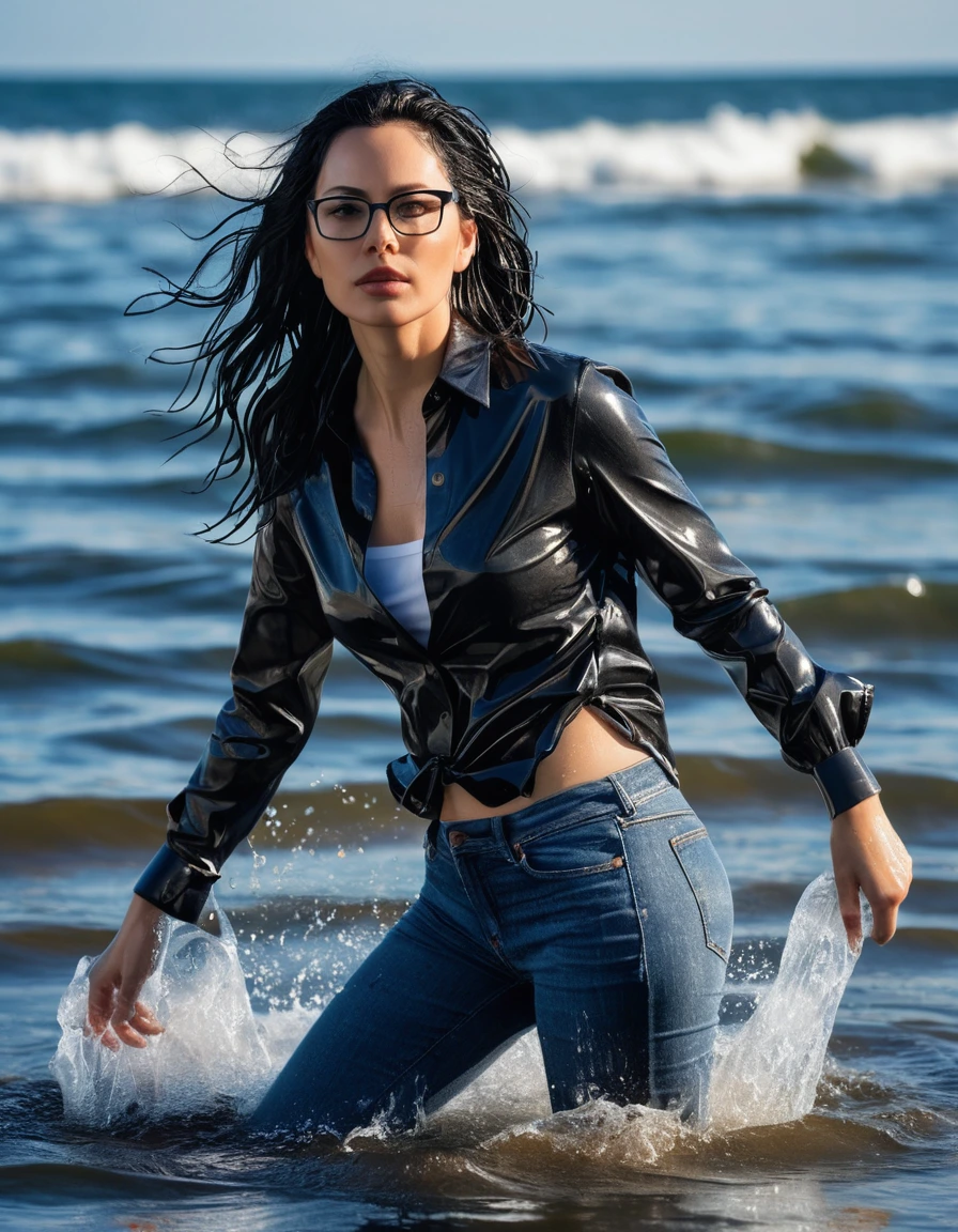 photo of young woman, in soaking wet, drenched clothes,
office shoes , long tight blue jeans shinning, with black top, walking submerged in sunny ssea, 
enjoying, wet clothes stuck to body,
detailed textures of the wet clothes, wet face, wet plastered hair,
wet, drenched, professional, high-quality details, full body view.
sharp focus, ultra-high pixel detail, realistic, high-quality, full colors, incredibly detailed, 4k, 8k, 16k, hyper-realistic, RAW photo, masterpiece, ultra-detailed, professionally color graded, professional photograph, woman 51 years old, long black hair, very big and thick lips, office glasses, complete body, open mouth,, dry skin, dry clothes, dry fabric