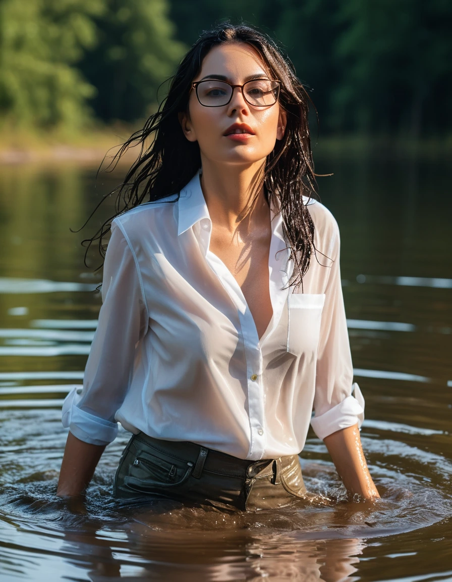 photo of young woman, in soaking wet, drenched clothes,
office shoes , long light brown jeans shinning, white transparent silk shirt shinning, walking submerged in sunny deep lake, 
enjoying, wet clothes stuck to body,
detailed textures of the wet clothes, wet face, wet plastered hair,
wet, drenched, professional, high-quality details, full body view.
sharp focus, ultra-high pixel detail, realistic, high-quality, full colors, incredibly detailed, 4k, 8k, 16k, hyper-realistic, RAW photo, masterpiece, ultra-detailed, professionally color graded, professional photograph, woman 51 years old, long black hair, very big and thick lips, office glasses, complete body, open mouth, dry skin, dry clothes, dry fabric