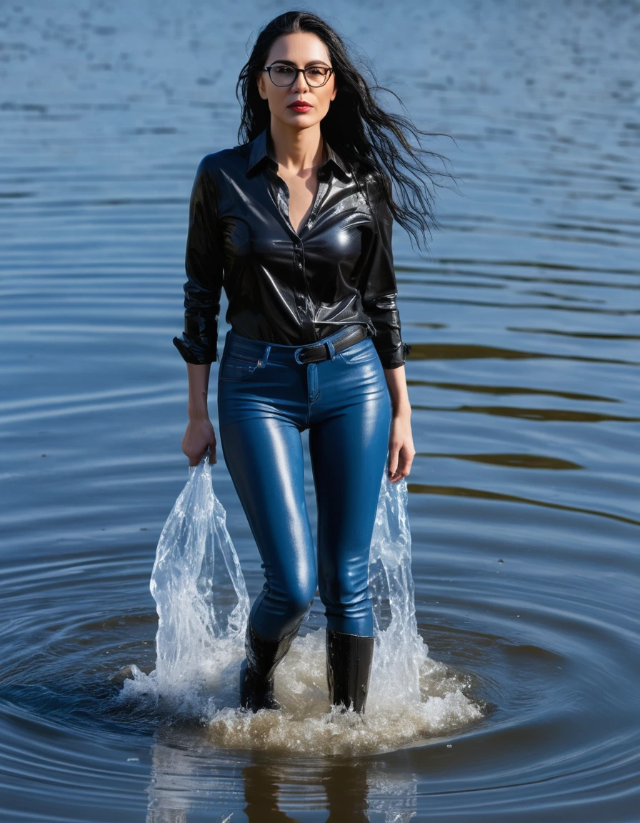 photo of young woman, in soaking wet, drenched clothes,
office shoes , long tight blue leather jeans, with black top, walking submerged in sunny deep lake, 
enjoying, wet clothes stuck to body,
detailed textures of the wet clothes, wet face, wet plastered hair,
wet, drenched, professional, high-quality details, full body view.
sharp focus, ultra-high pixel detail, realistic, high-quality, full colors, incredibly detailed, 4k, 8k, 16k, hyper-realistic, RAW photo, masterpiece, ultra-detailed, professionally color graded, professional photograph, woman 51 years old, long black hair, very big and thick lips, office glasses, complete body, open mouth, dry skin, dry clothes, dry fabric, dry skin, dry clothes, dry fabric