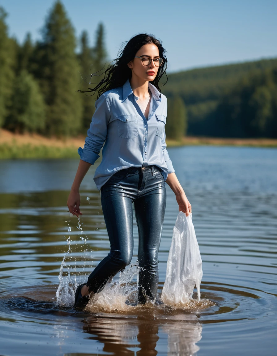 photo of young woman, in soaking wet, drenched clothes,
office shoes , long light brown jeans shinning, blue jeans shirt shinning, walking submerged in sunny deep lake, 
enjoying, wet clothes stuck to body,
detailed textures of the wet clothes, wet face, wet plastered hair,
wet, drenched, professional, high-quality details, full body view.
sharp focus, ultra-high pixel detail, realistic, high-quality, full colors, incredibly detailed, 4k, 8k, 16k, hyper-realistic, RAW photo, masterpiece, ultra-detailed, professionally color graded, professional photograph, woman 51 years old, long black hair, very big and thick lips, office glasses, complete body, open mouth, dry skin, dry clothes, dry fabric
