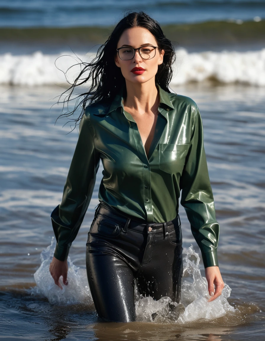 photo of young woman, in soaking wet, drenched clothes,
office shoes , long black leather jeans shinning, dark green silk shirt shinning, walking submerged in sunny waves, 
enjoying, wet clothes stuck to body,
detailed textures of the wet clothes, wet face, wet plastered hair,
wet, drenched, professional, high-quality details, full body view.
sharp focus, ultra-high pixel detail, realistic, high-quality, full colors, incredibly detailed, 4k, 8k, 16k, hyper-realistic, RAW photo, masterpiece, ultra-detailed, professionally color graded, professional photograph, woman 51 years old, long black hair, very big and thick lips, office glasses, complete body, open mouth,, dry skin, dry clothes, dry fabric