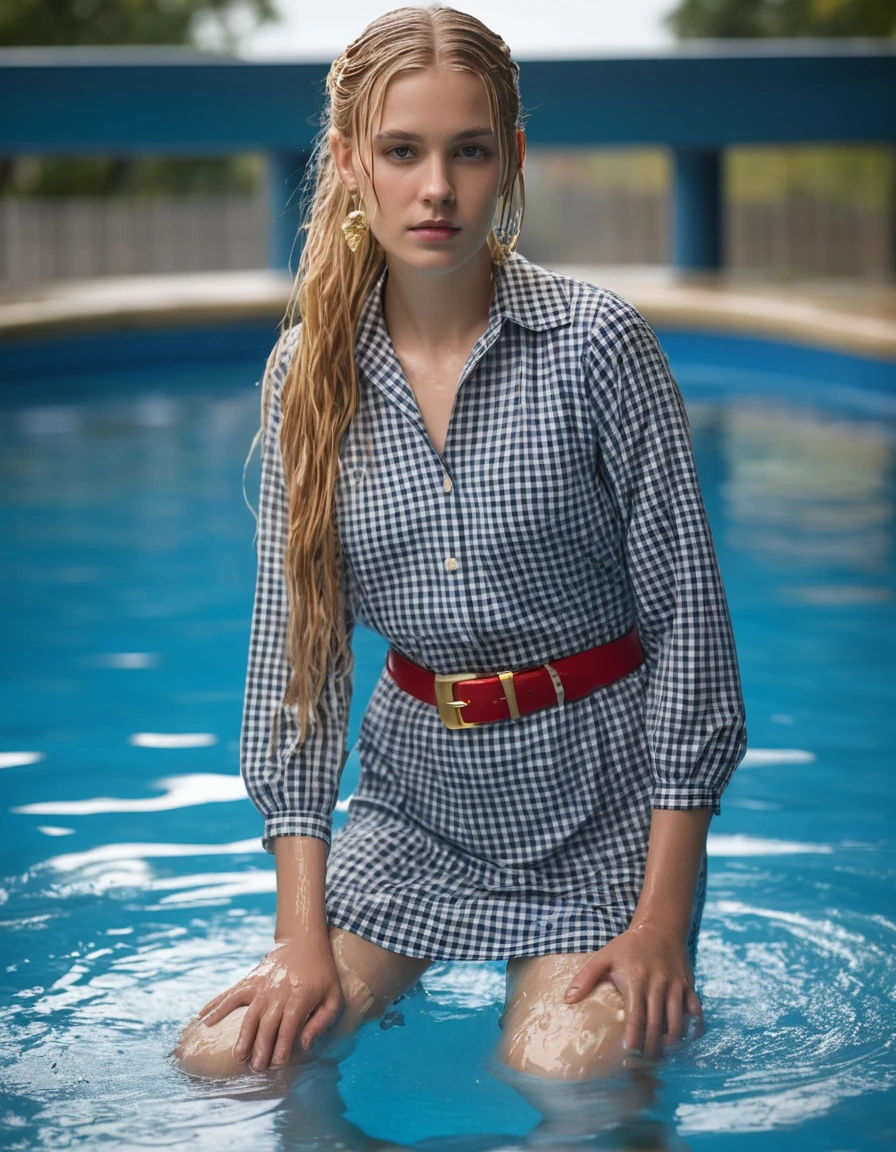 photo of young woman, in soaking wet, drenched clothes,
flats, long maxi gingham granny dress soaking wet, wet nude stockings, wet white garter belt, high neck gingham granny dress with sleeves soaking wet, gold belt, standing in a swimming pool, 
enjoying, wet clothes stuck to body,
detailed textures of the wet clothes, wet face, wet plastered hair,
wet, drenched, professional, high-quality details, full body view.
sharp focus, ultra-high pixel detail, realistic, high-quality, full colors, incredibly detailed, 4k, 8k, 16k, hyper-realistic, RAW photo, masterpiece, ultra-detailed, professionally color graded, professional photograph, wet long blonde hair, gold earrings, gold necklace, gold bracelets, red belt, dry skin, dry clothes, dry fabric