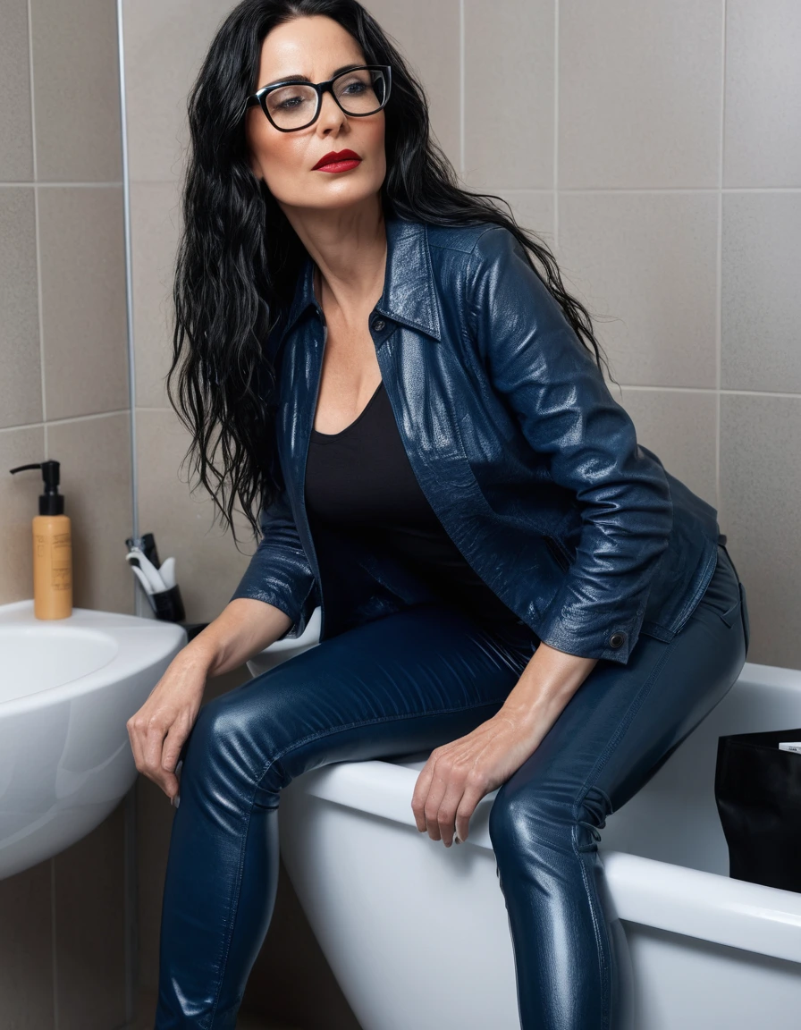 photo of young woman, in soaking wet, drenched clothes,
office shoes , long tight blue leather jeans, with black top, in bathroom, 
enjoying, wet clothes stuck to body,
detailed textures of the wet clothes, wet face, wet plastered hair,
wet, drenched, professional, high-quality details, full body view.
sharp focus, ultra-high pixel detail, realistic, high-quality, full colors, incredibly detailed, 4k, 8k, 16k, hyper-realistic, RAW photo, masterpiece, ultra-detailed, professionally color graded, professional photograph, woman 51 years old, long black hair, very big and thick lips, office glasses, complete body, open mouth, dry skin, dry clothes, dry fabric
